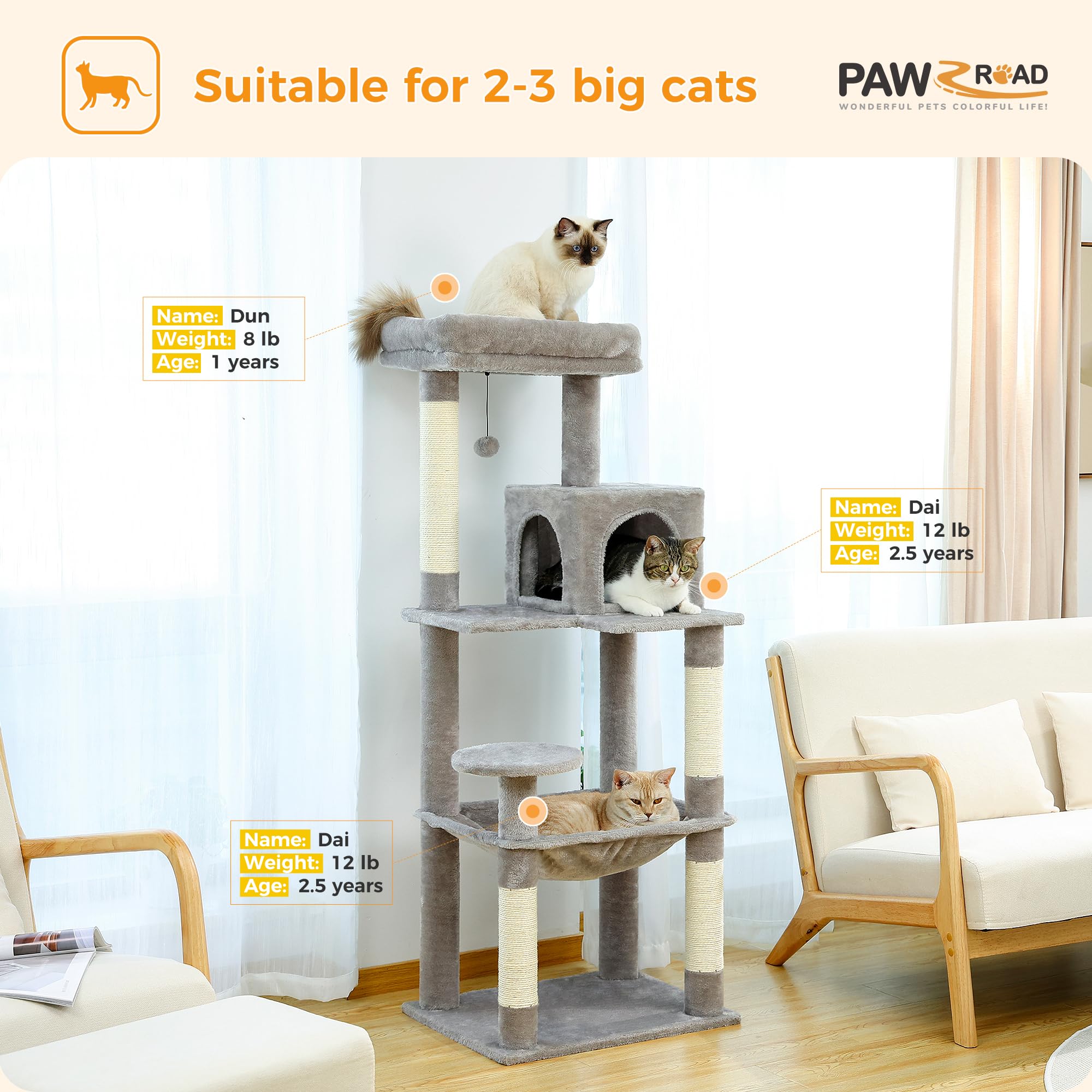 PAWZ Road 56" Multi-Level Cat Tree with Large Hammock & House - Grey