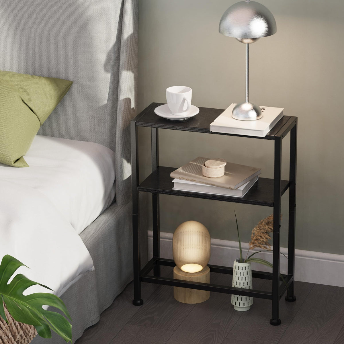 Vantimo Narrow Side Table, 3-Tier Small Shelving Unit, Slim Bedside Table for Small Space, Living Room, Bedroom, Sofa, Couch Black
