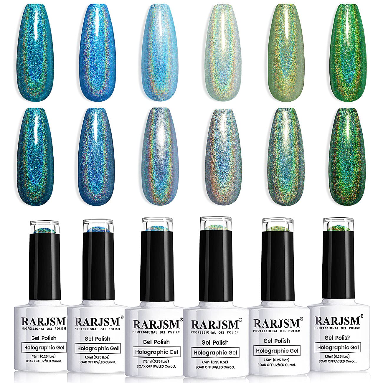 RARJSM Holographic Gel Nail Polish Set | 6PCS Glitter Soak Off Kit