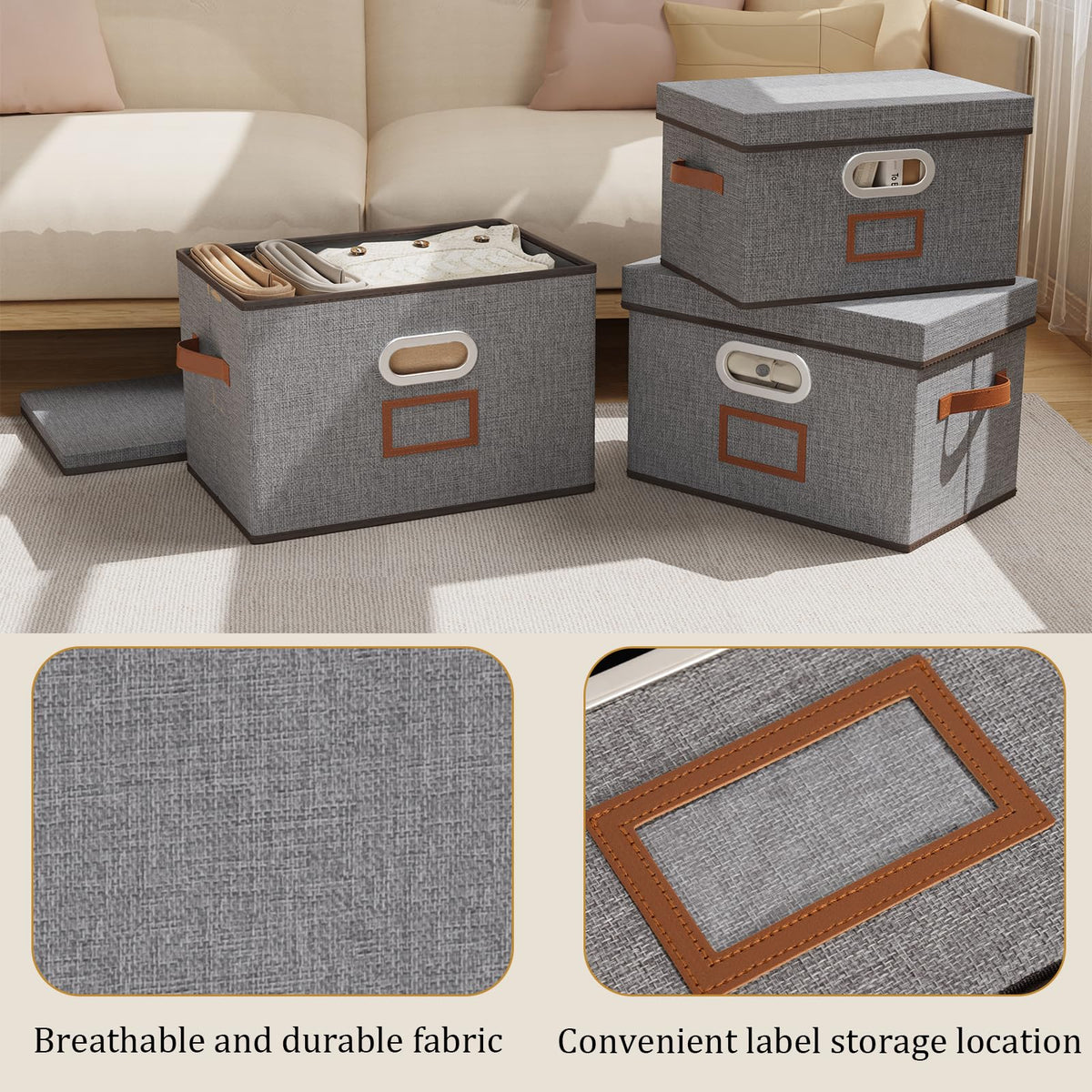 OUTBROS Storage Boxes, Fabric Baskets with Lids, 38x25x25cm, Grey, 3-Pack - image 4