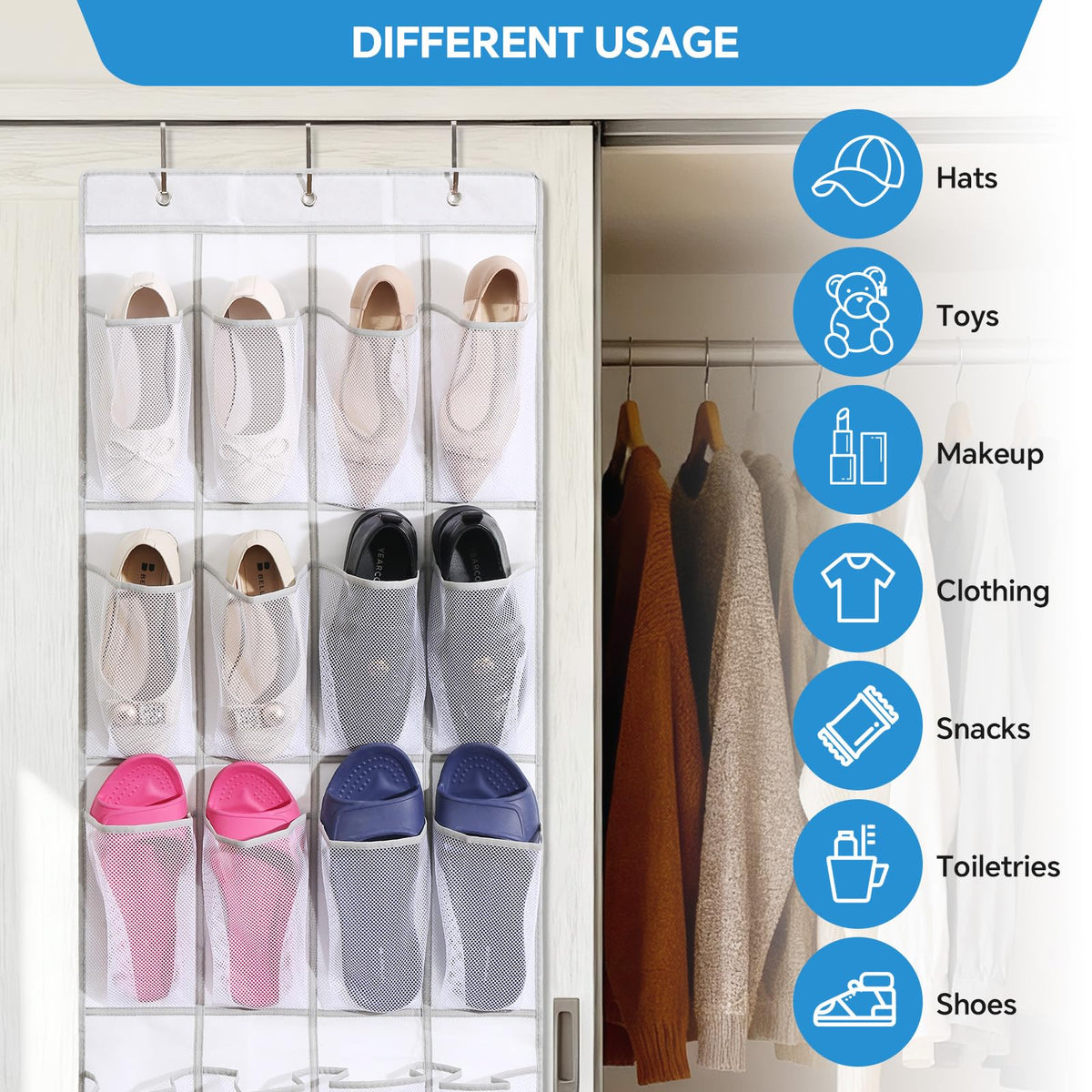 Suacculent Over Door Shoe Organiser, 24 Large Mesh Pockets & 3 Hooks, White - image 3