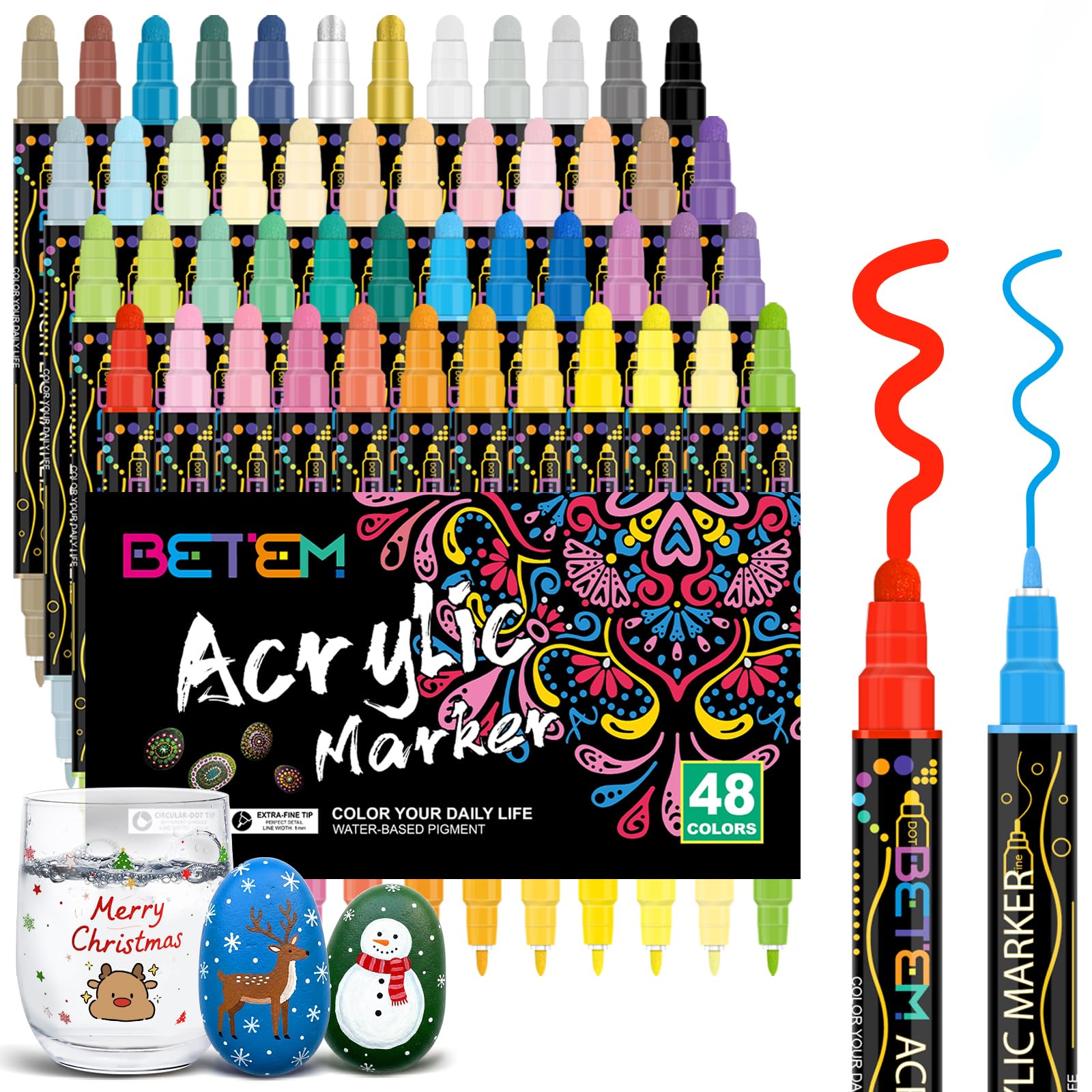 Betem 48 Colors Dual Tip Acrylic Paint Pens for Rock Painting & DIY