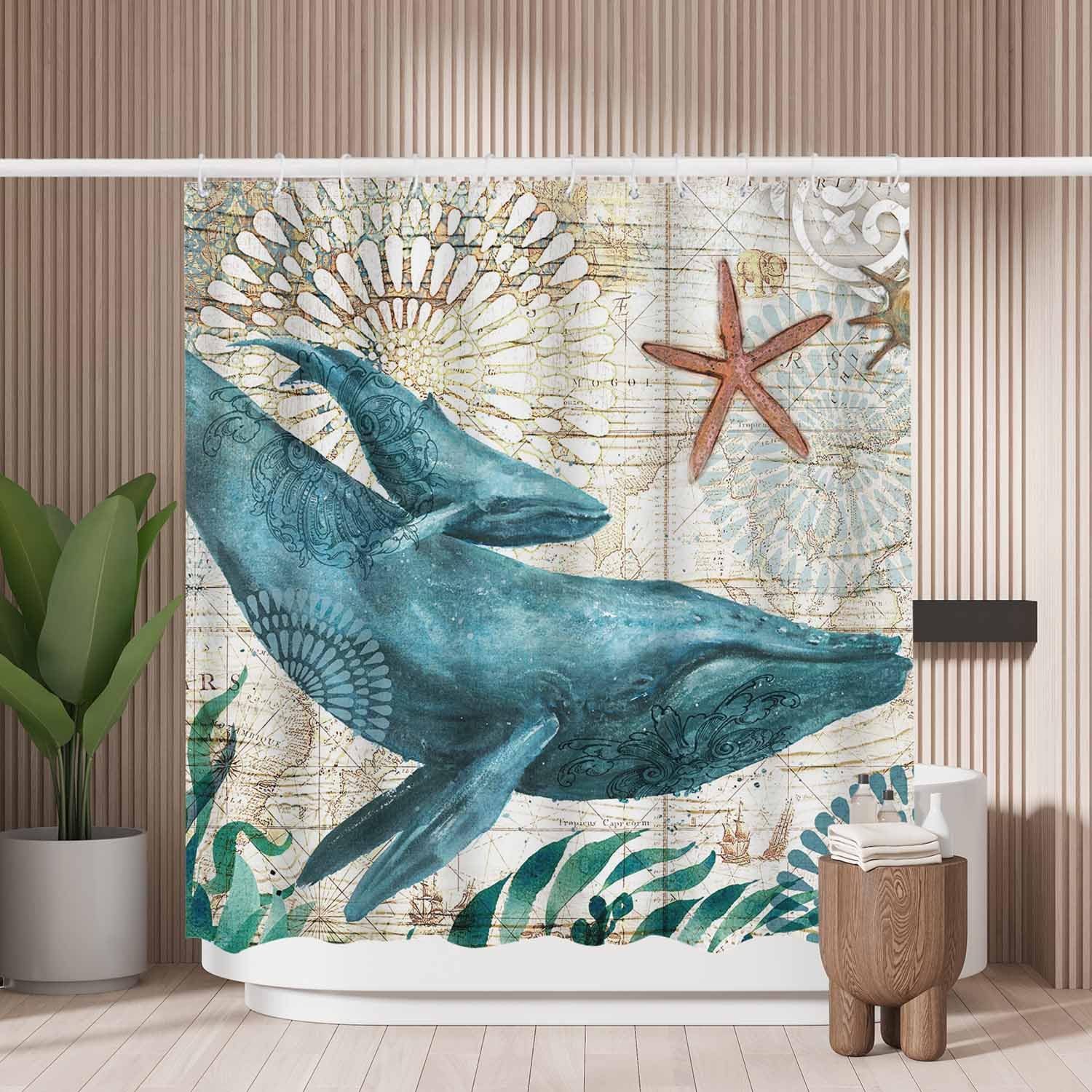 Whale Retro Map Shower Curtain | Mold Resistant Polyester