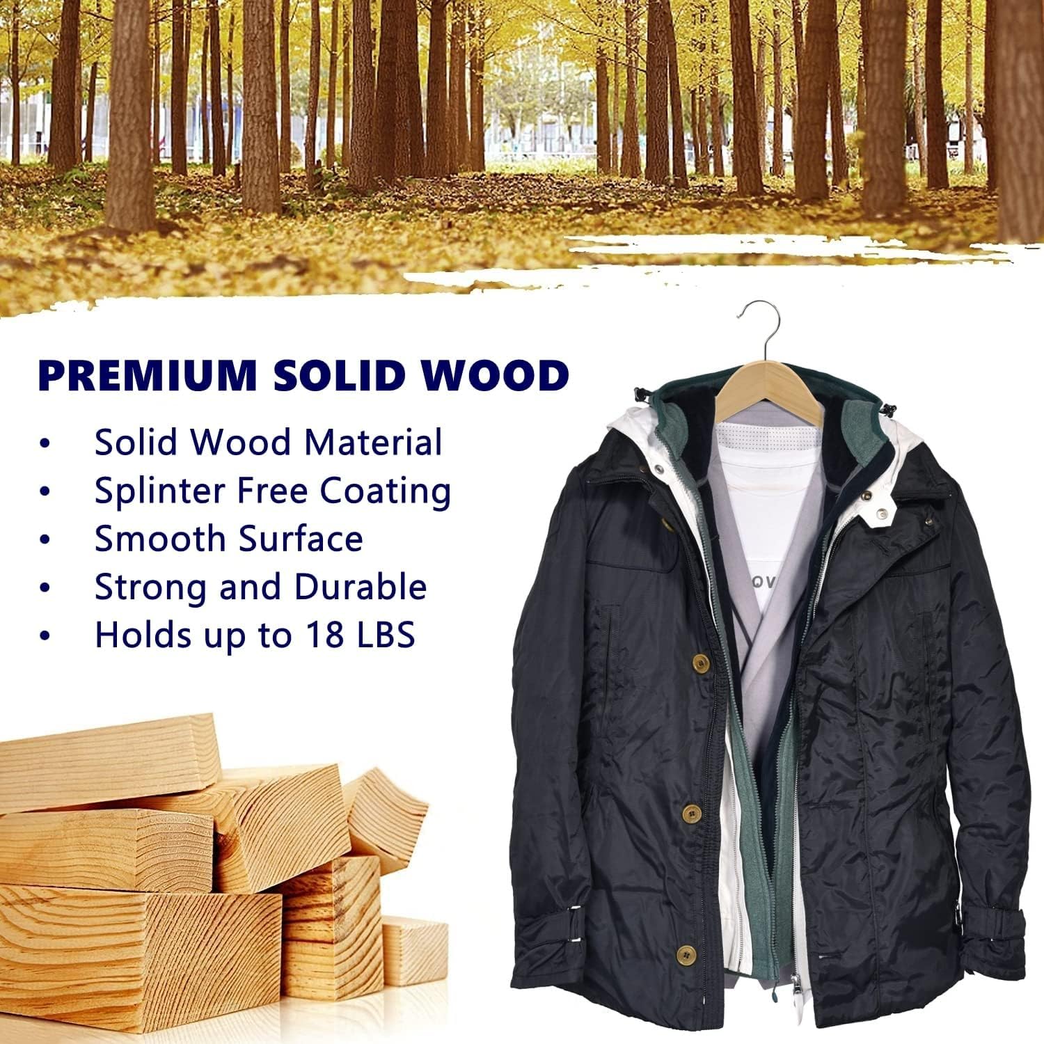 Amber Home Natural Wooden Coat Hangers – 30 Pack Non-Slip Suit Hangers