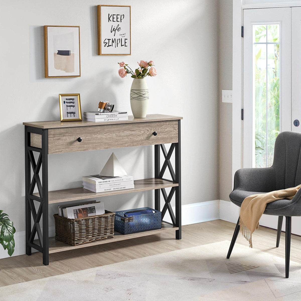 Yaheetech Console Table, Drawer & Shelves, 100 × 29.5 × 81 cm, Grey - image 2