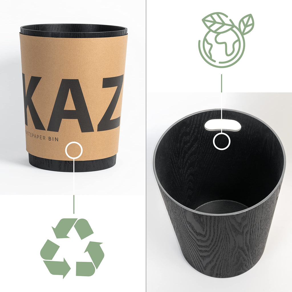 Kazai Börje Real Wood Waste Paper Bin | 9L Oak Black Wooden Basket