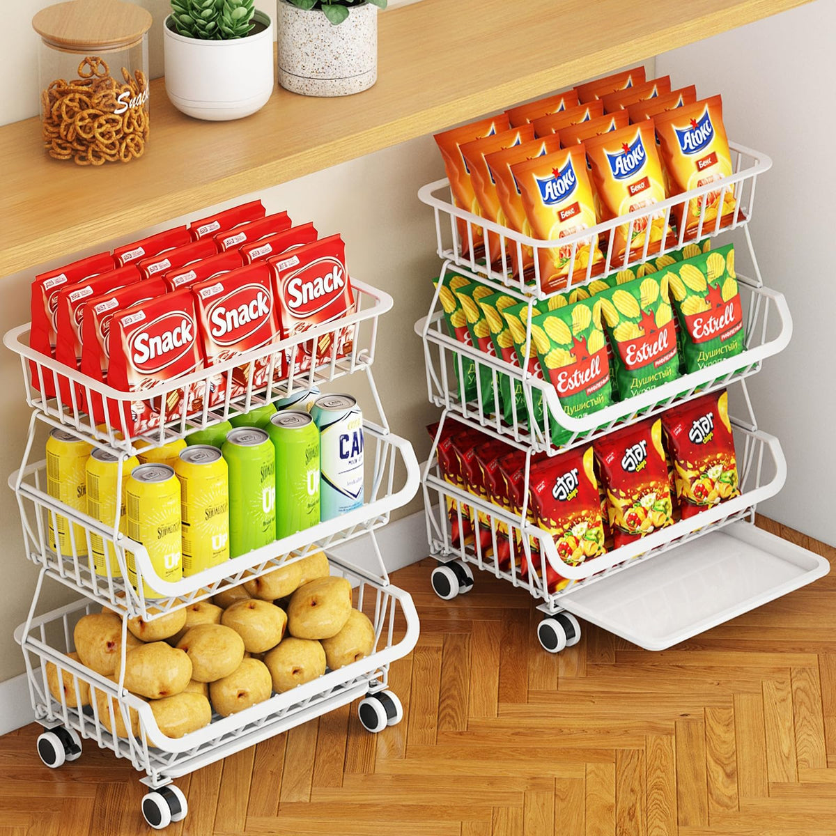 Miyawell 3-Tier Rolling Pantry Cart with Wheels, Stackable Wire Storage Floor Organizer for Kitchen Pantry Snack Shelves, Fruit Basket Stand - image 1