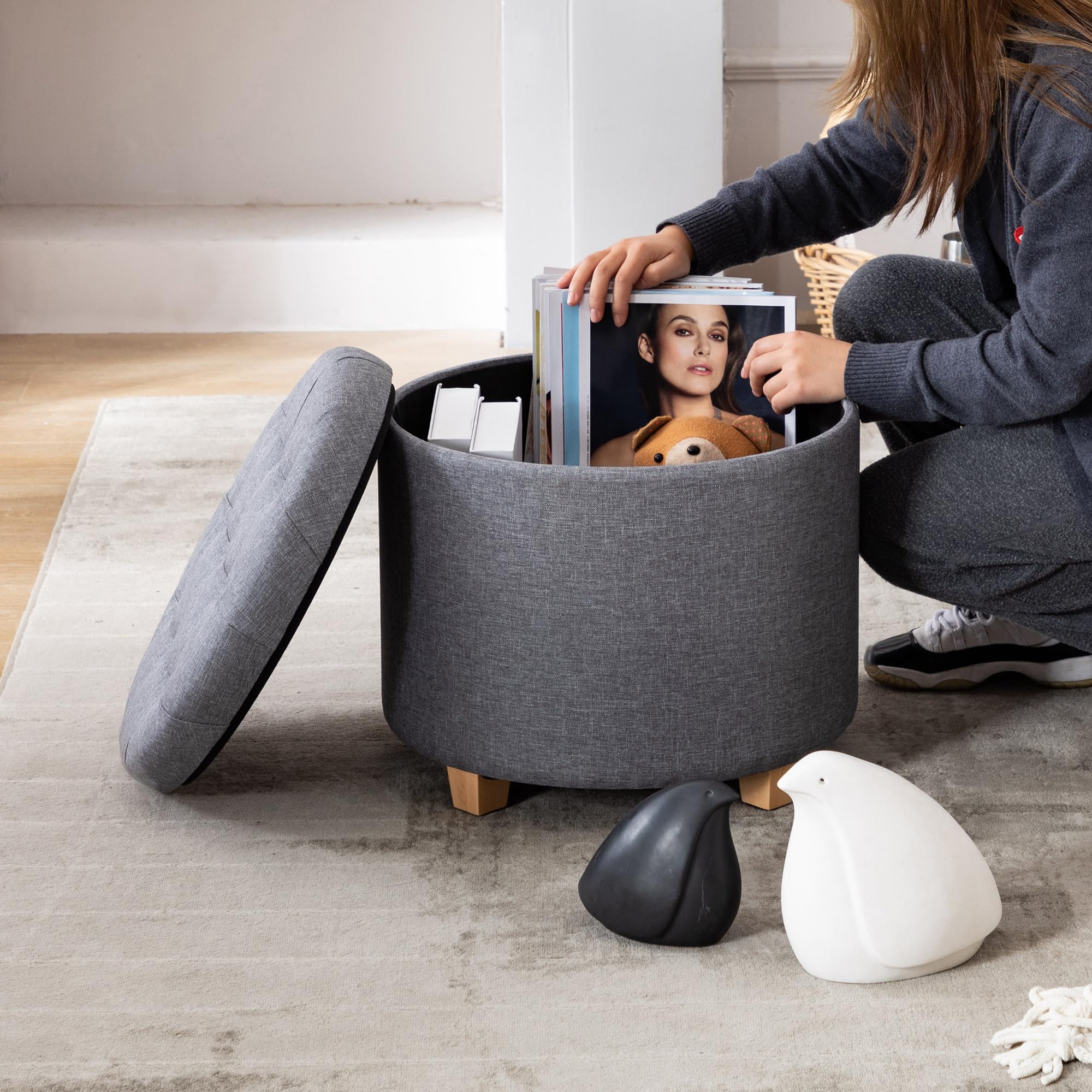 HNNHOME Round Linen Storage Ottoman – Padded Footstool Stool (Lava)