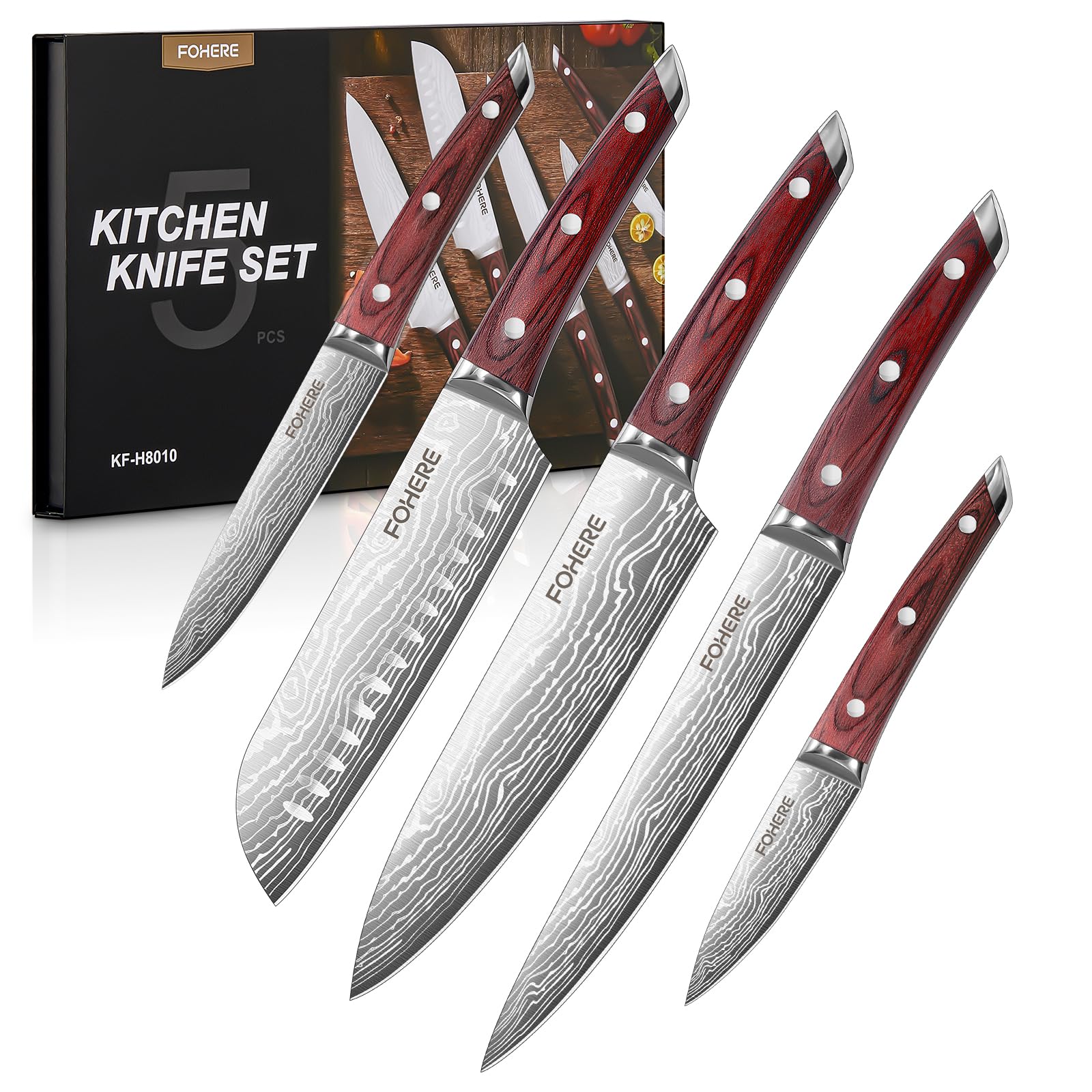 FOHERE 5-Piece Kitchen Knife Set | Red Pakkawood Handle Stainless Steel
