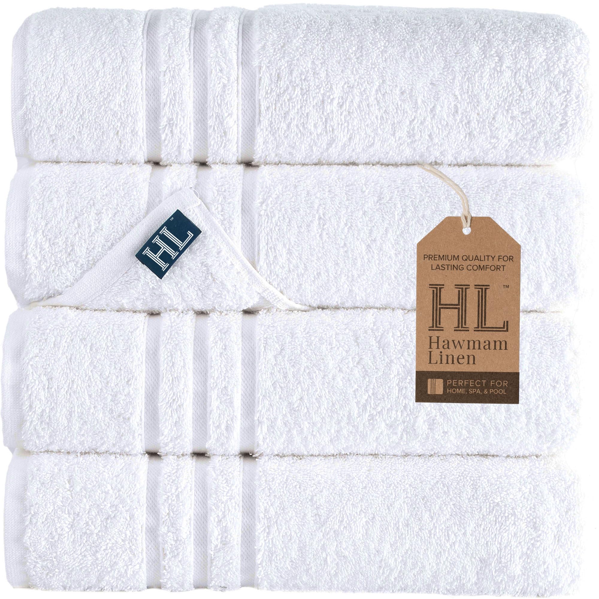 Hammam Linen Turkish Cotton Bath Towels – 4-Pack White 600 GSM Set