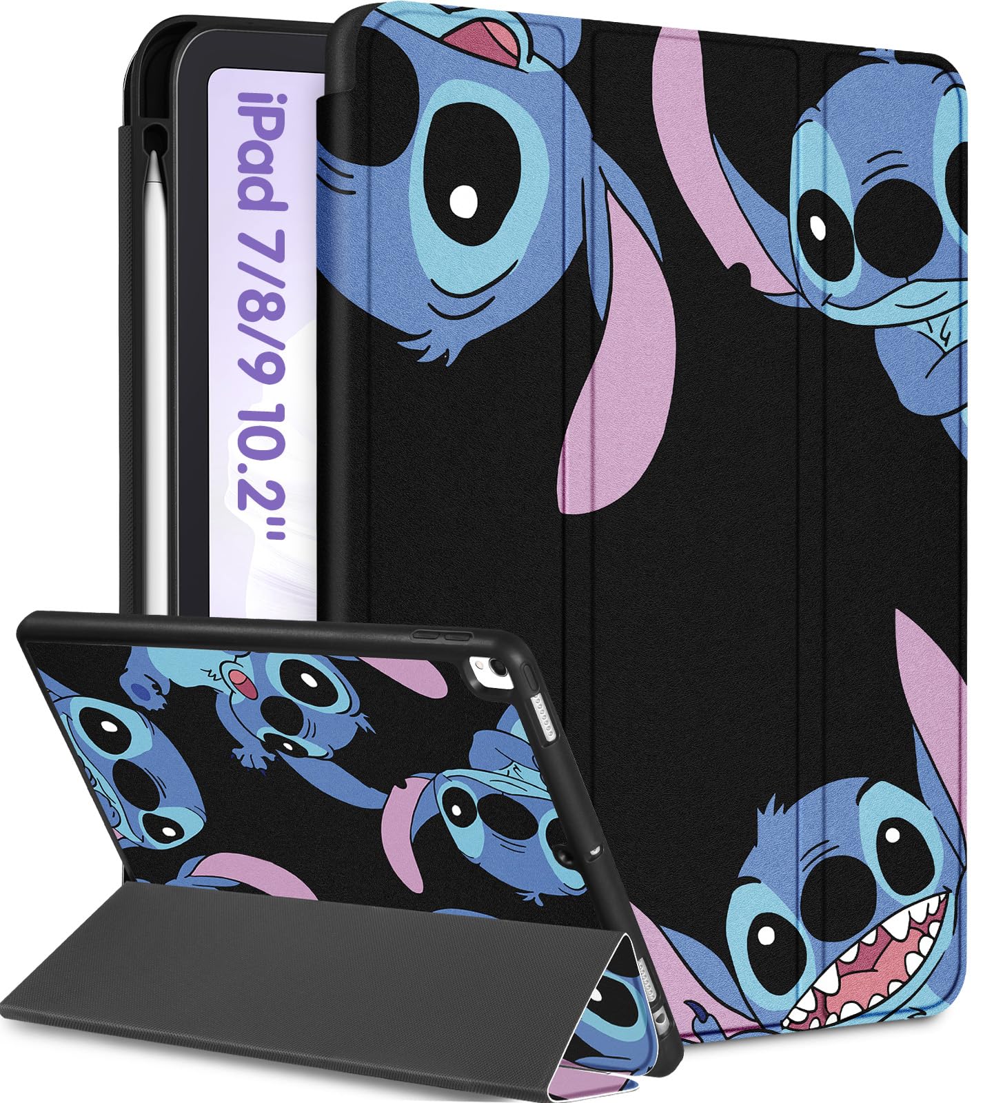 Koecya iPad 10.2 Case - Kawaii Cartoon Folio Stand with Pencil Holder