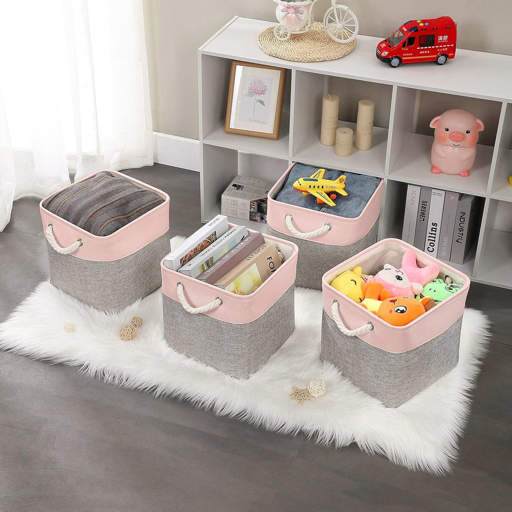Mangata Fabric Storage Baskets,33 x 38 x 33cm Large Foldable Storage Boxes for Organizing Clothes Shelf Nursery ClosetGrey/Pink, Set of 4
