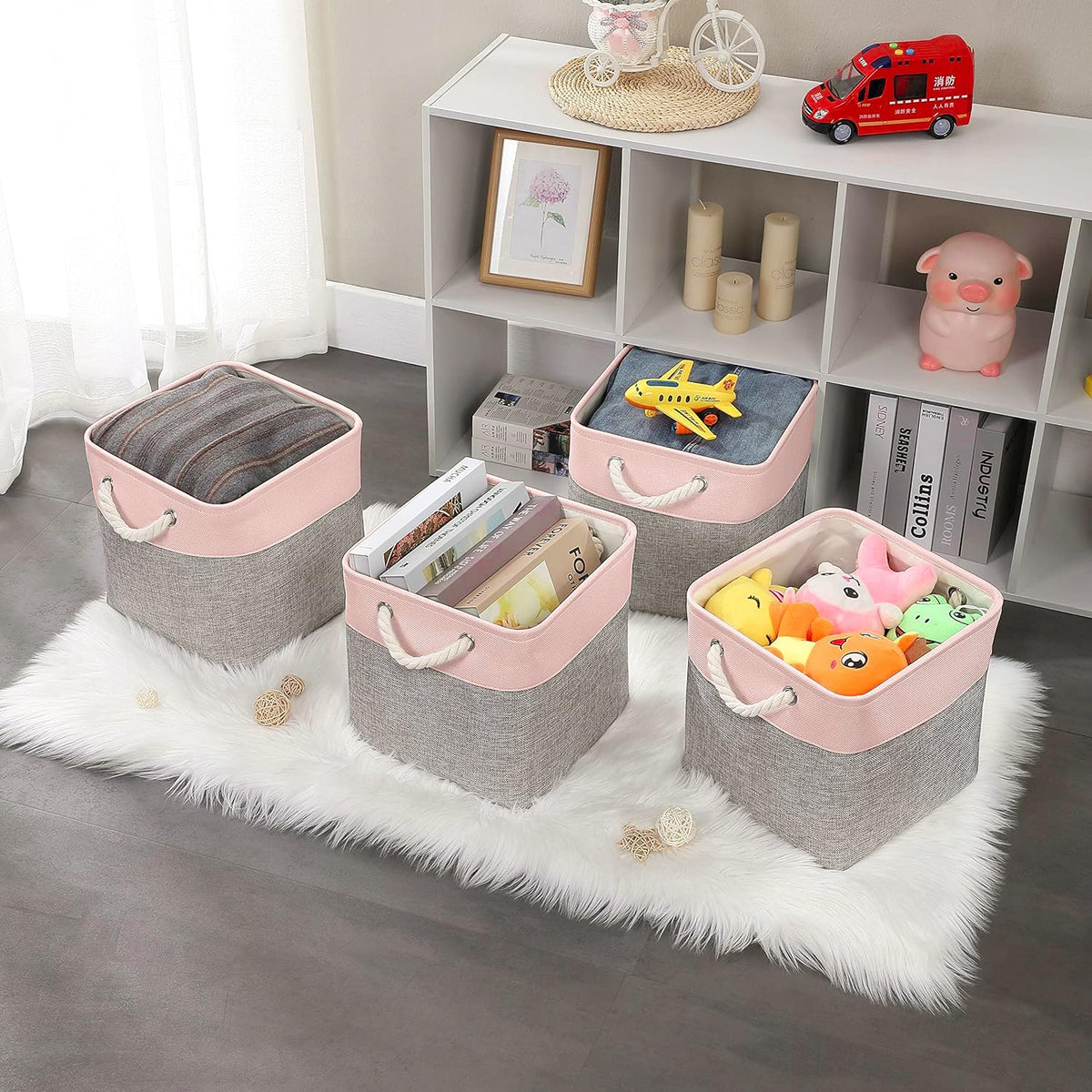 Mangata Fabric Storage Baskets,33 x 38 x 33cm Large Foldable Storage Boxes for Organizing Clothes Shelf Nursery ClosetGrey/Pink, Set of 4