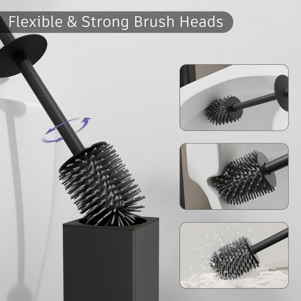 BVL Black Toilet Brush and Holder - 2 Piece Square Aluminum Set with 4 Heads