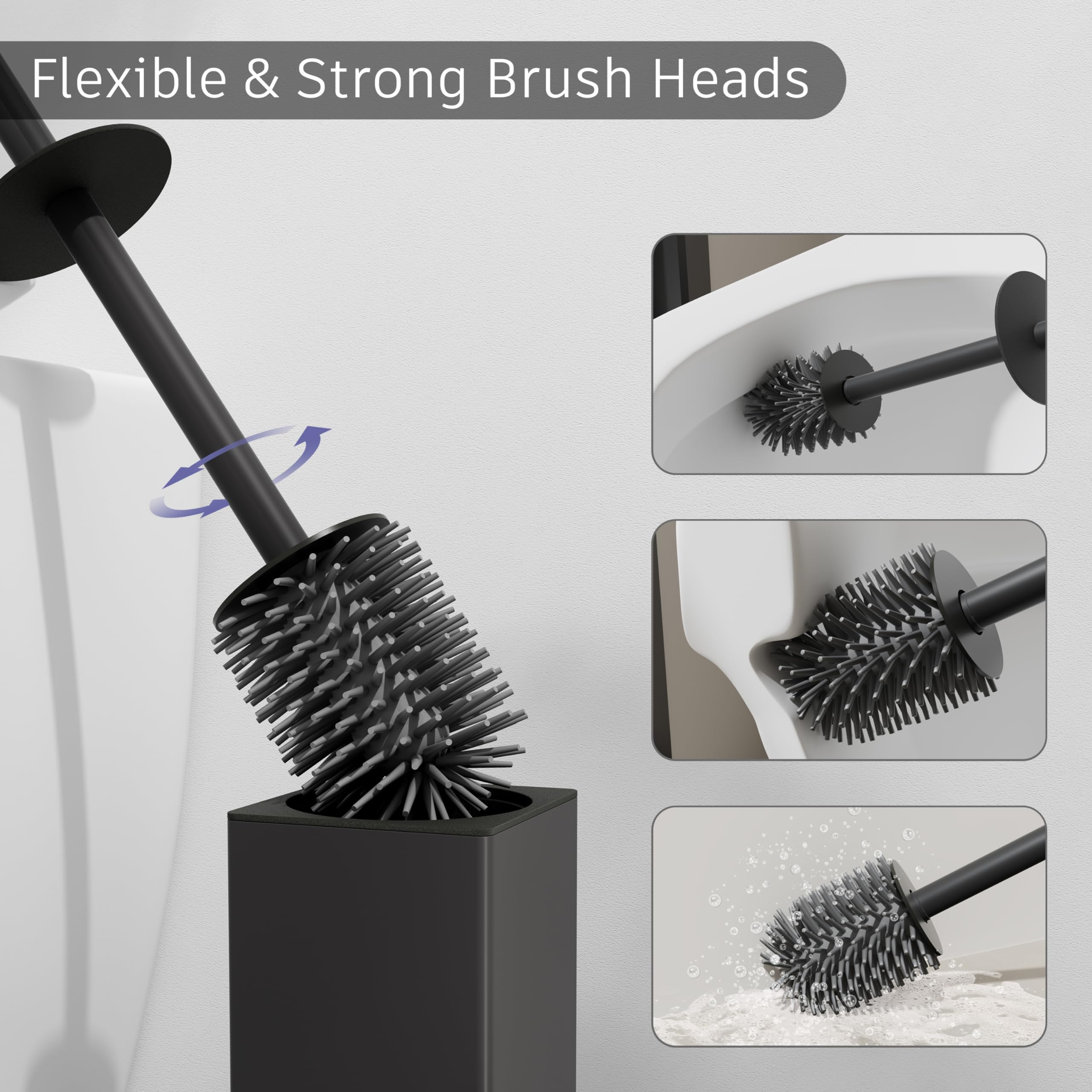 BVL Black Toilet Brush and Holder - 2 Piece Square Aluminum Set with 4 Heads