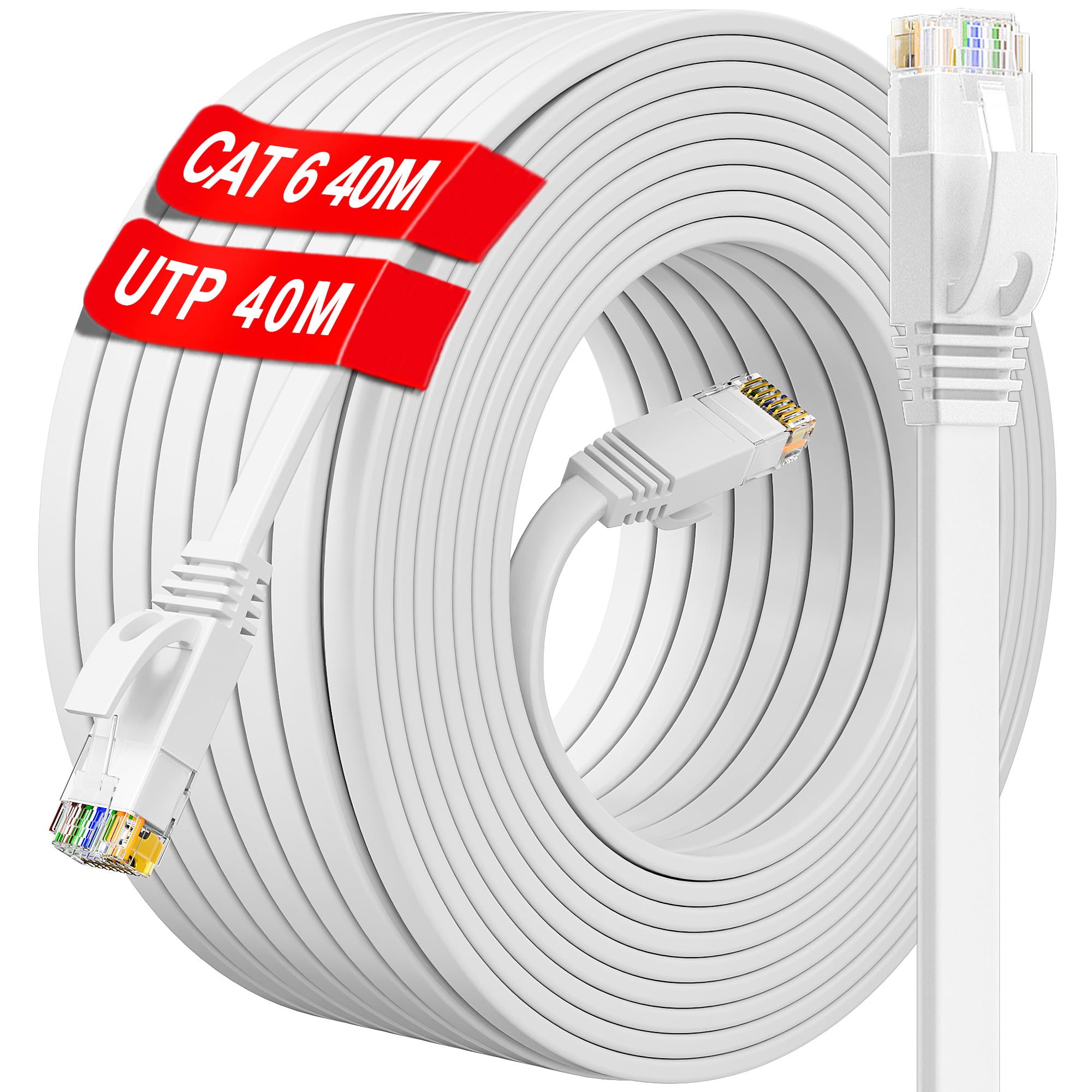 Cat 6 Ethernet Cable 40m | Flat White High Speed RJ45 LAN