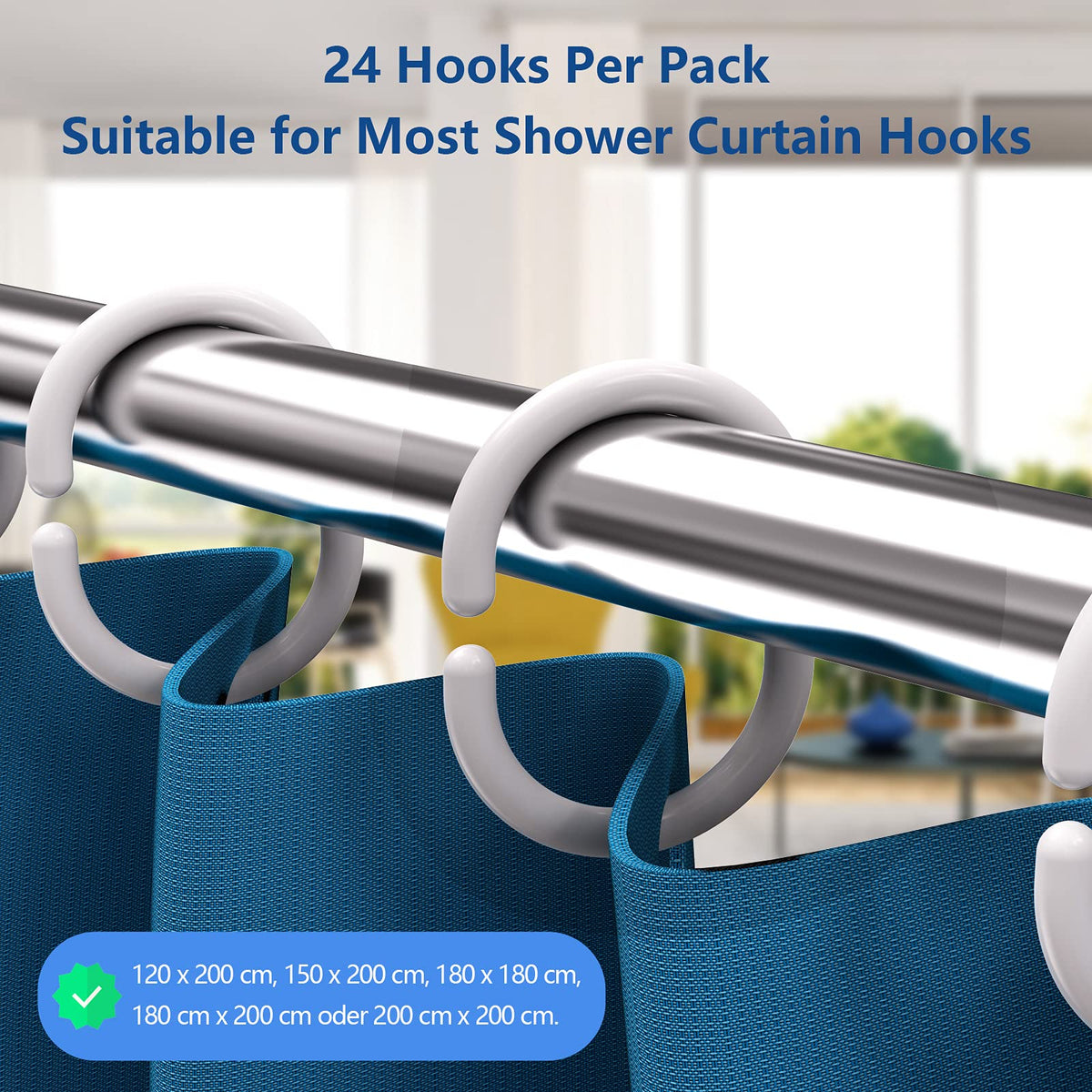 Simkopy Plastic Shower Curtain Hooks, 24 Pack C-Shaped Rings, White, for Bathroom & Window Rod - image 2