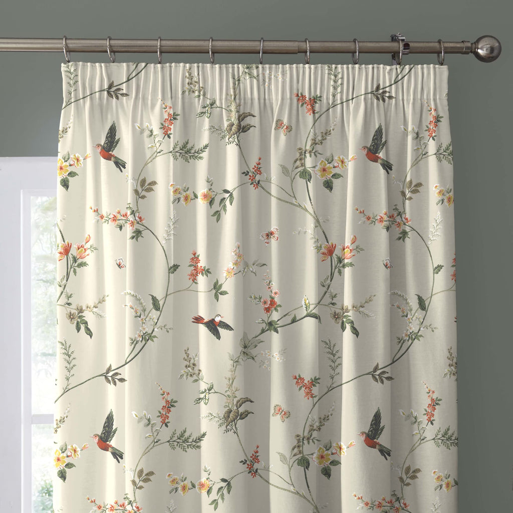 Dreams & Drapes Floral & Bird Cotton Pencil Pleat Curtains, 90x90in