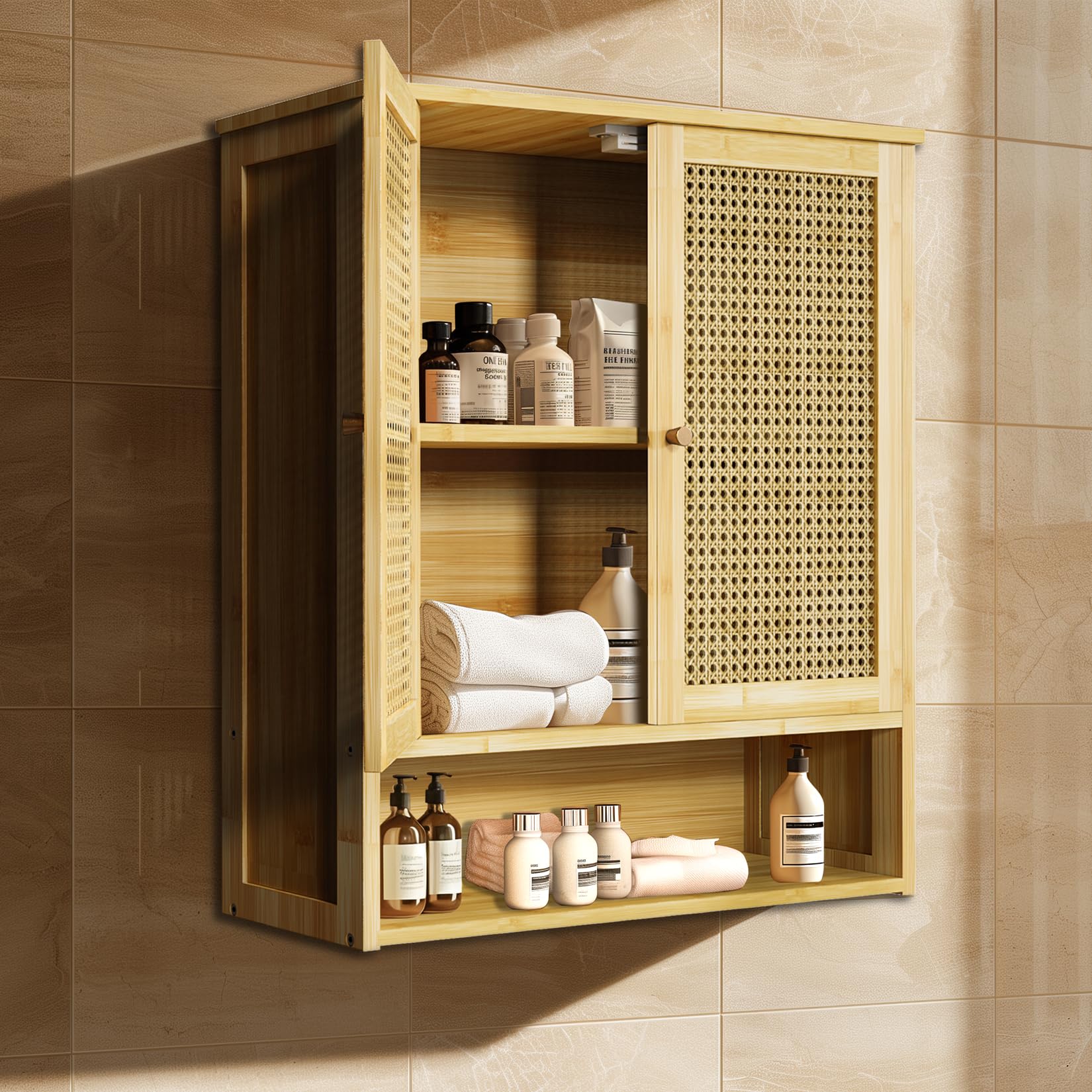 unho Bamboo Bathroom Wall Cabinet | Rattan 2-Door Storage Cupboard