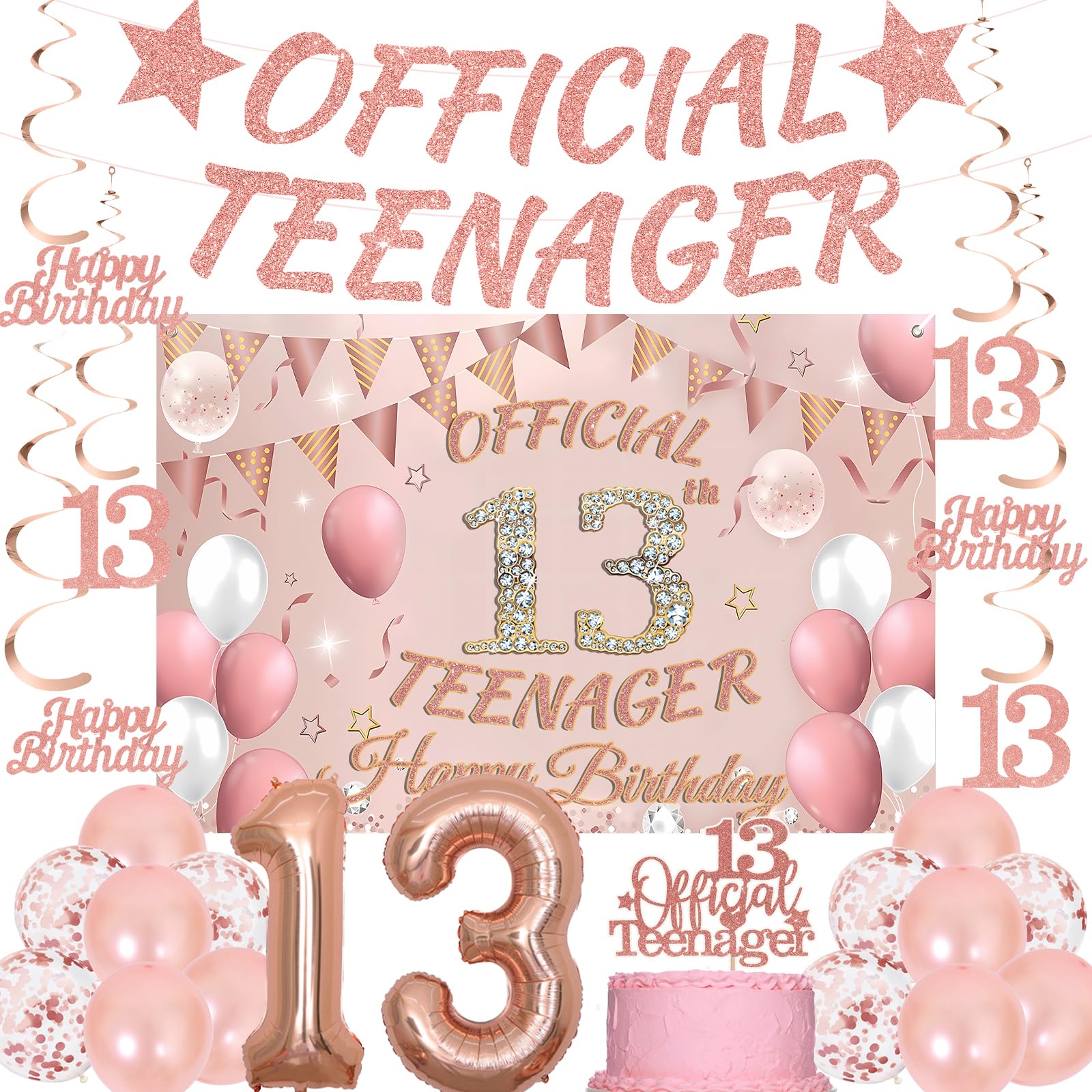 13th Birthday Decorations for Girls - Rose Gold 25pc Set
