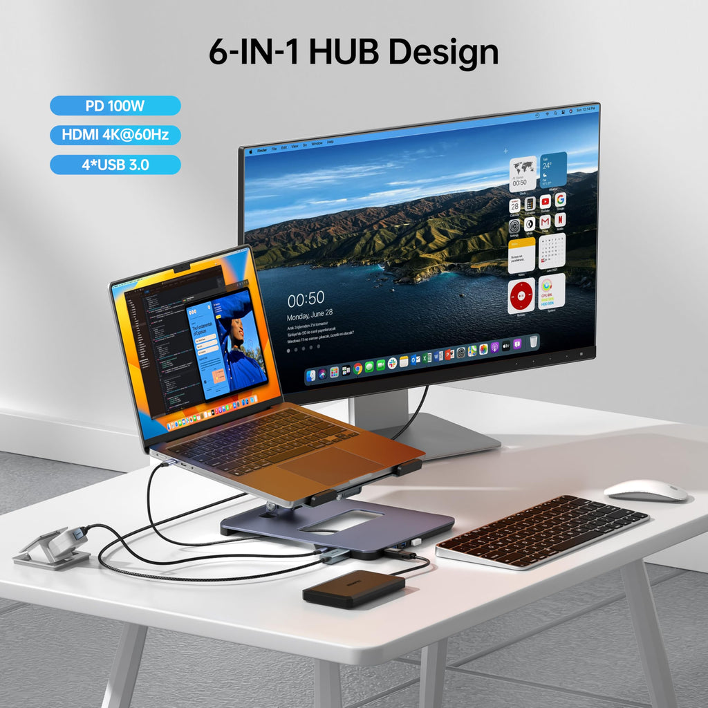 BENFEI Ergonomic Laptop Stand with 6-in-1 USB-C Hub | 4K@60Hz HDMI & 100W PD