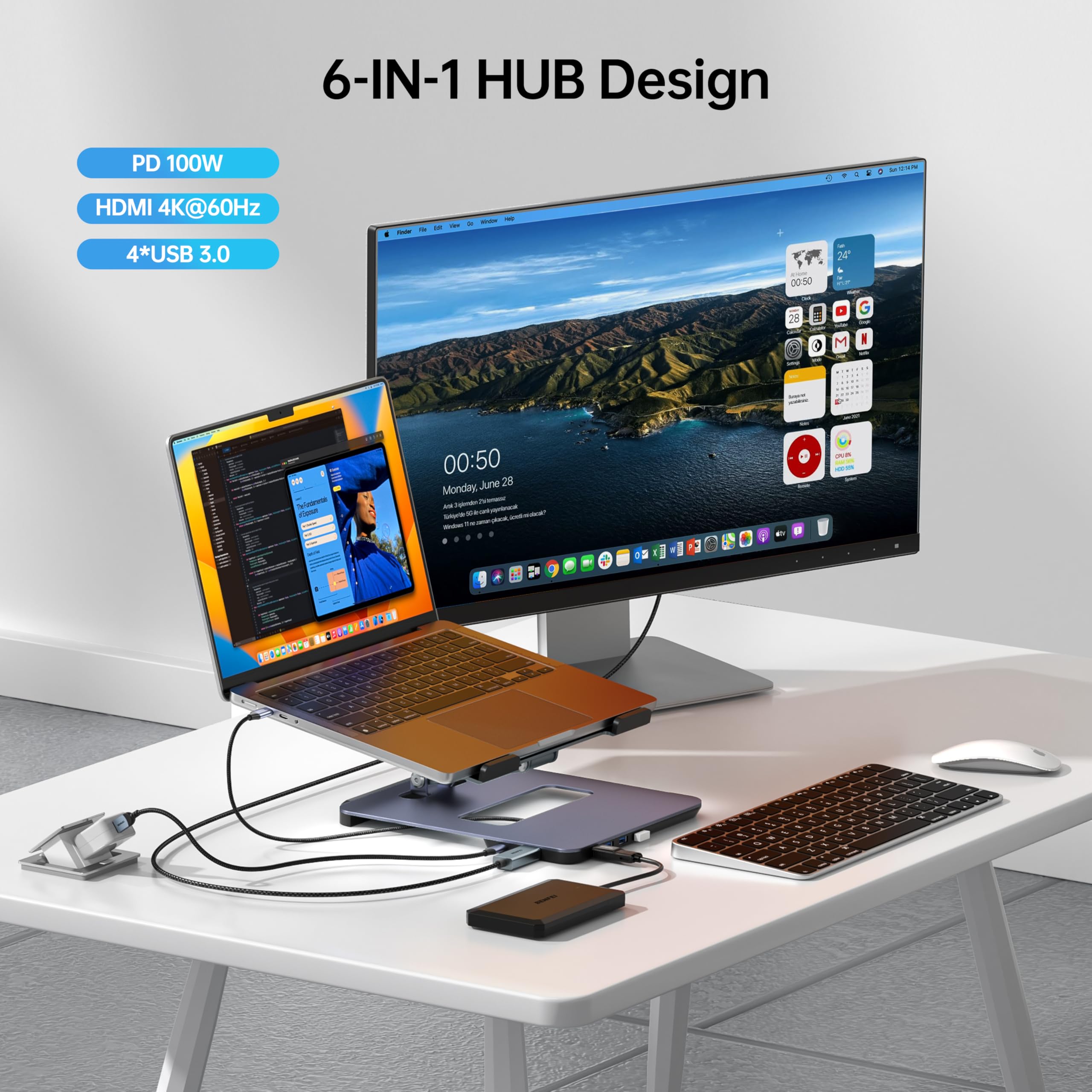 BENFEI Ergonomic Laptop Stand with 6-in-1 USB-C Hub | 4K@60Hz HDMI & 100W PD