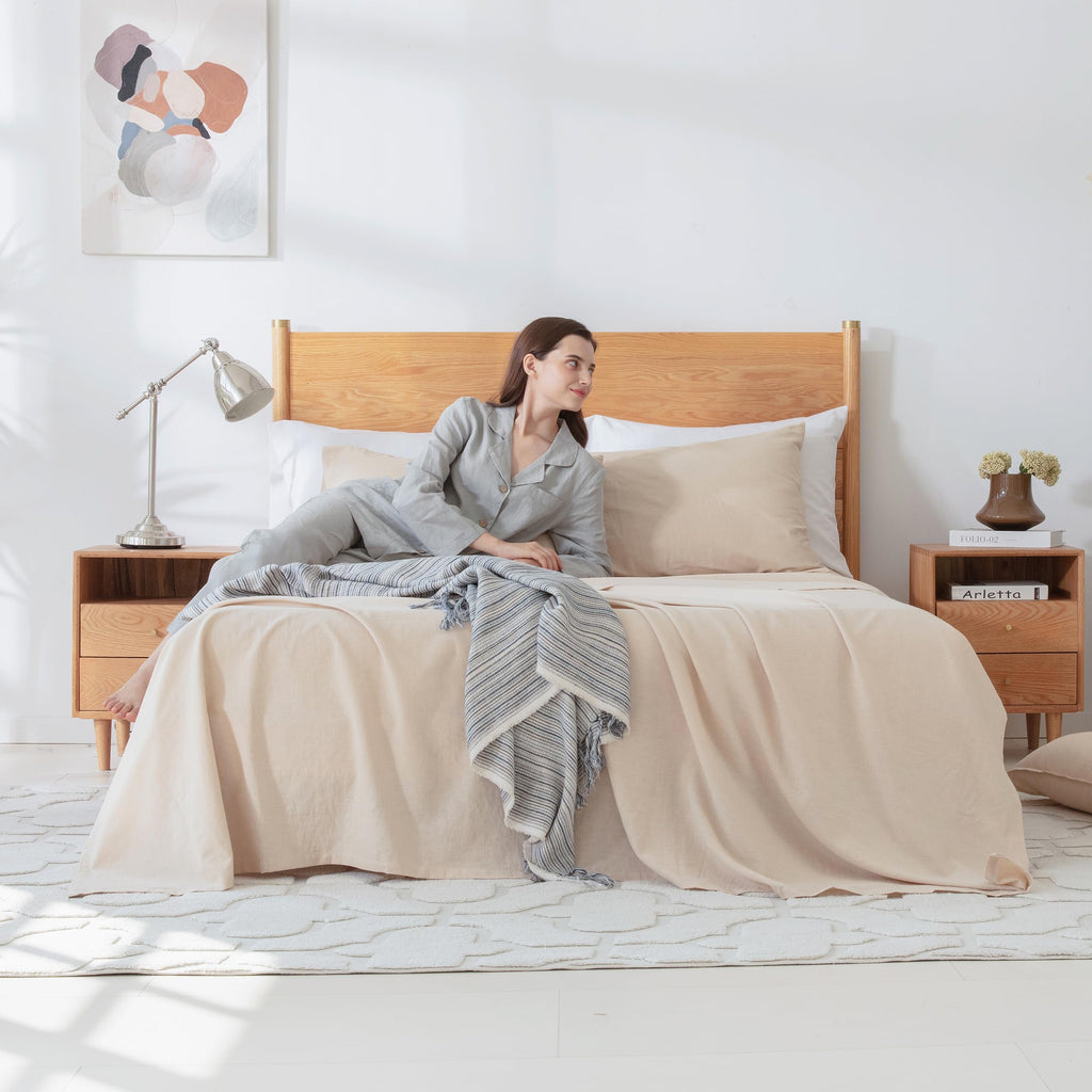 Simple&Opulence King Flat Sheet | Linen Cotton Blend Bed Sheet – Beige