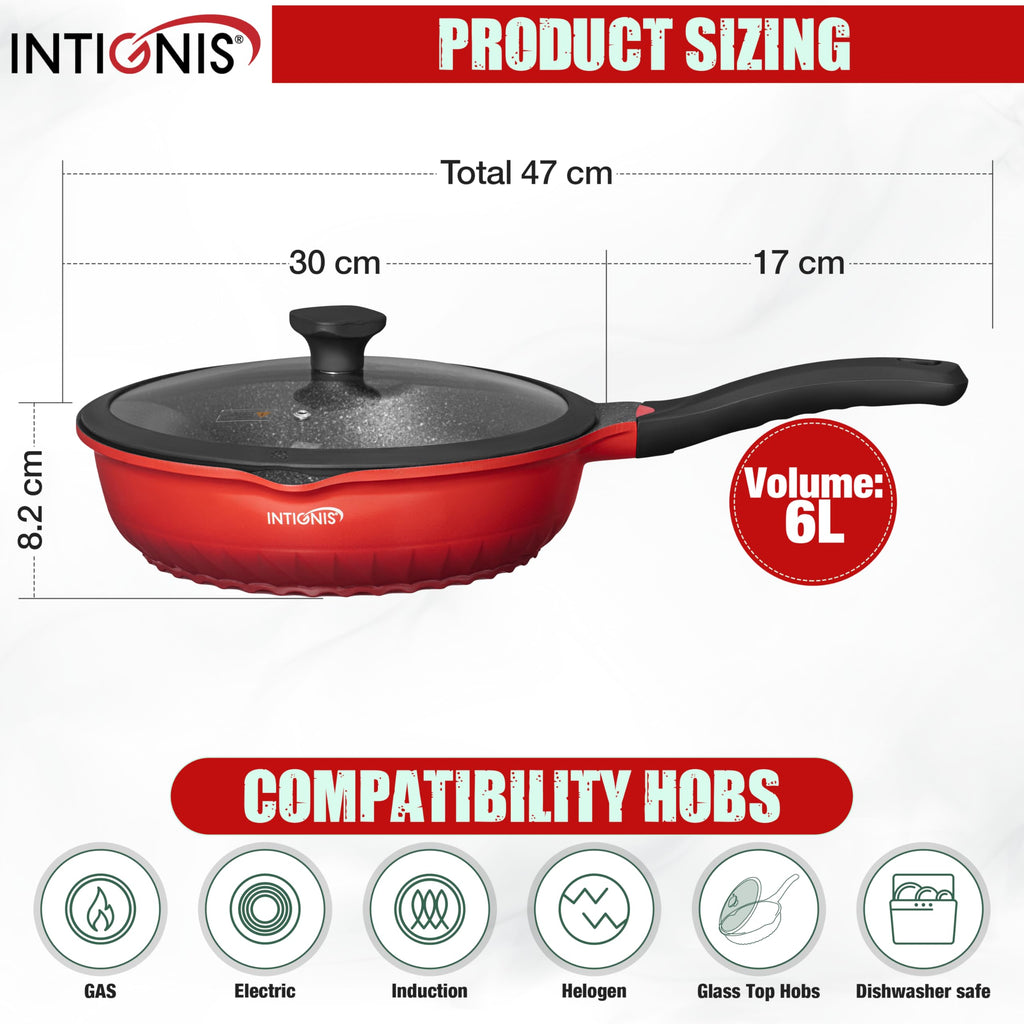INTIGNIS 30cm Deep Frying Pan with Lid | Non-Stick Induction Wok Skillet