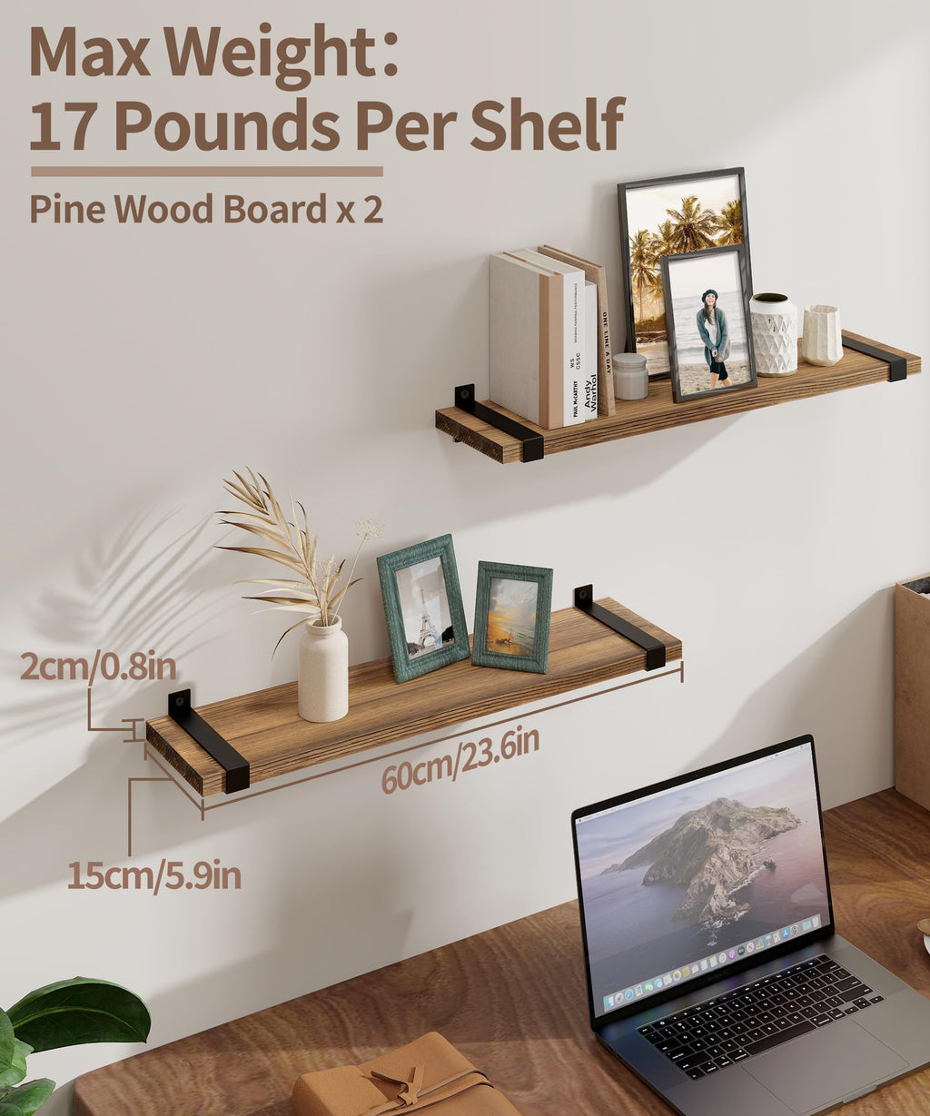 Gronda 60CM Rustic Floating Shelves – Dark Pine Wood Wall Storage, Set of 2