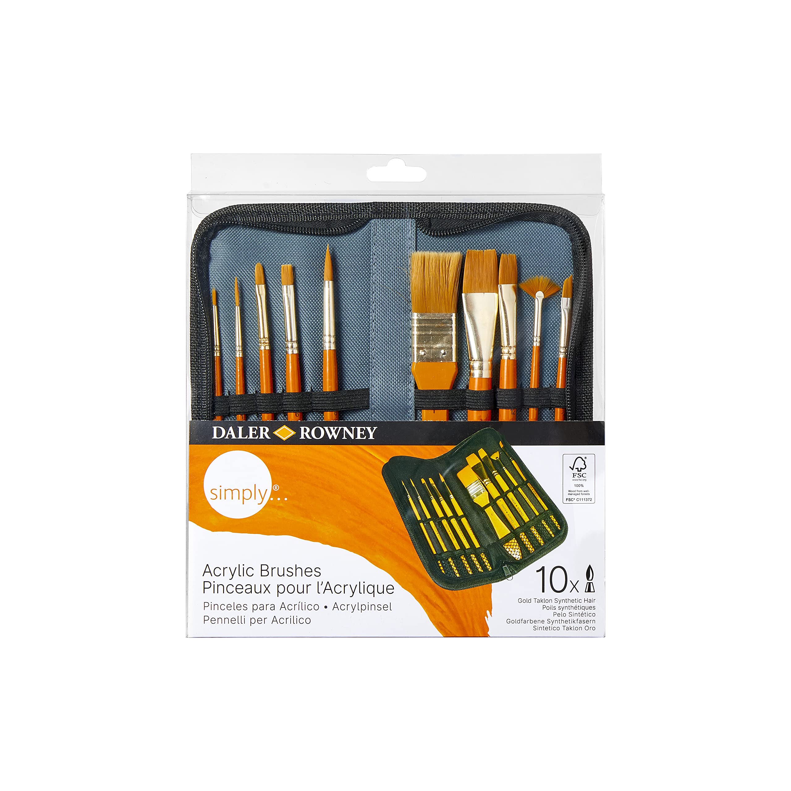 Daler-Rowney Simply Acrylic Brush Set | 10 Gold Taklon Brushes in Zip Case