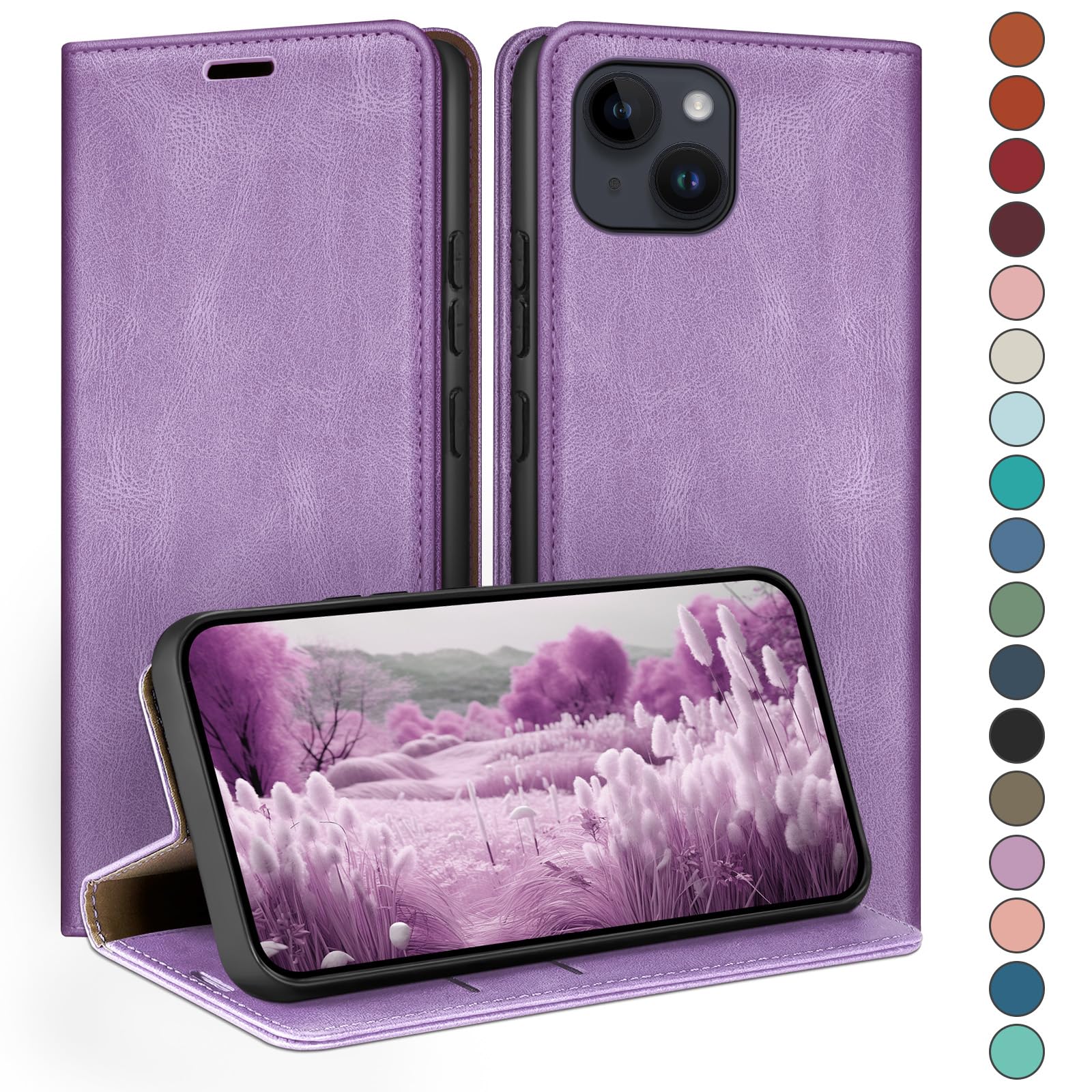 HUOUH iPhone 14 Wallet Case – RFID Blocking PU Leather Folio Cover