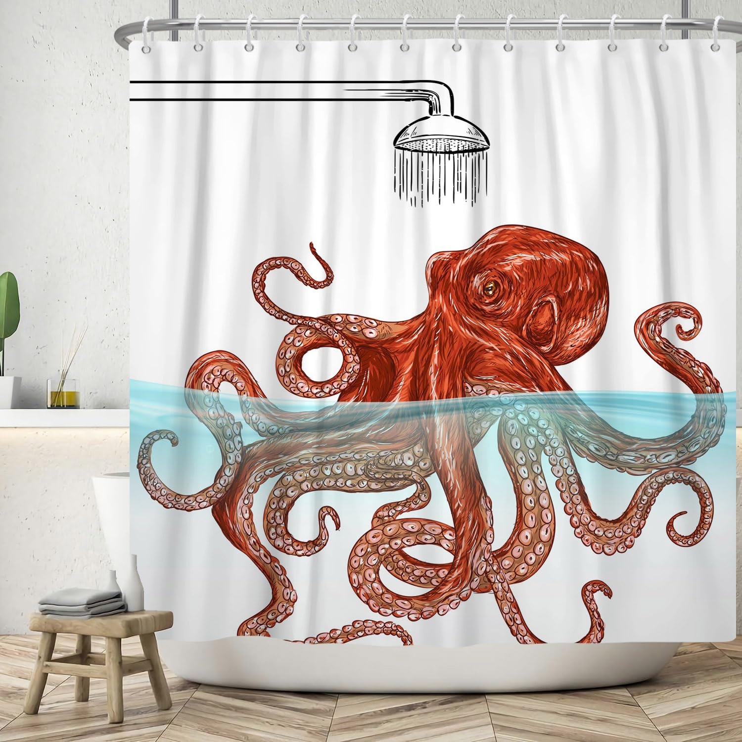 Jolof Store Funny Orange Octopus Shower Curtain - Waterproof Polyester