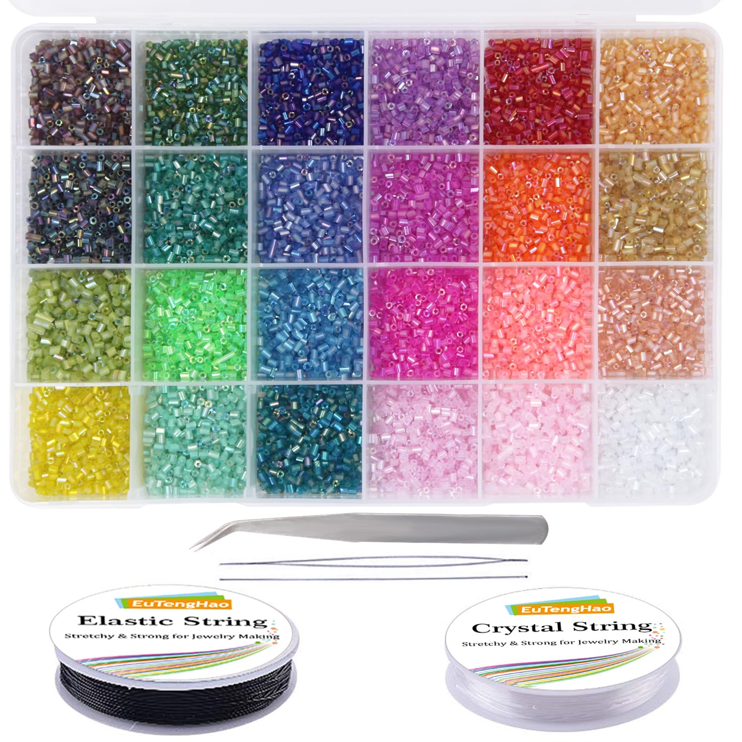 EuTengHao 14400pcs Glass Bugle Seed Beads Kit for Jewelry Making, 24 Colors