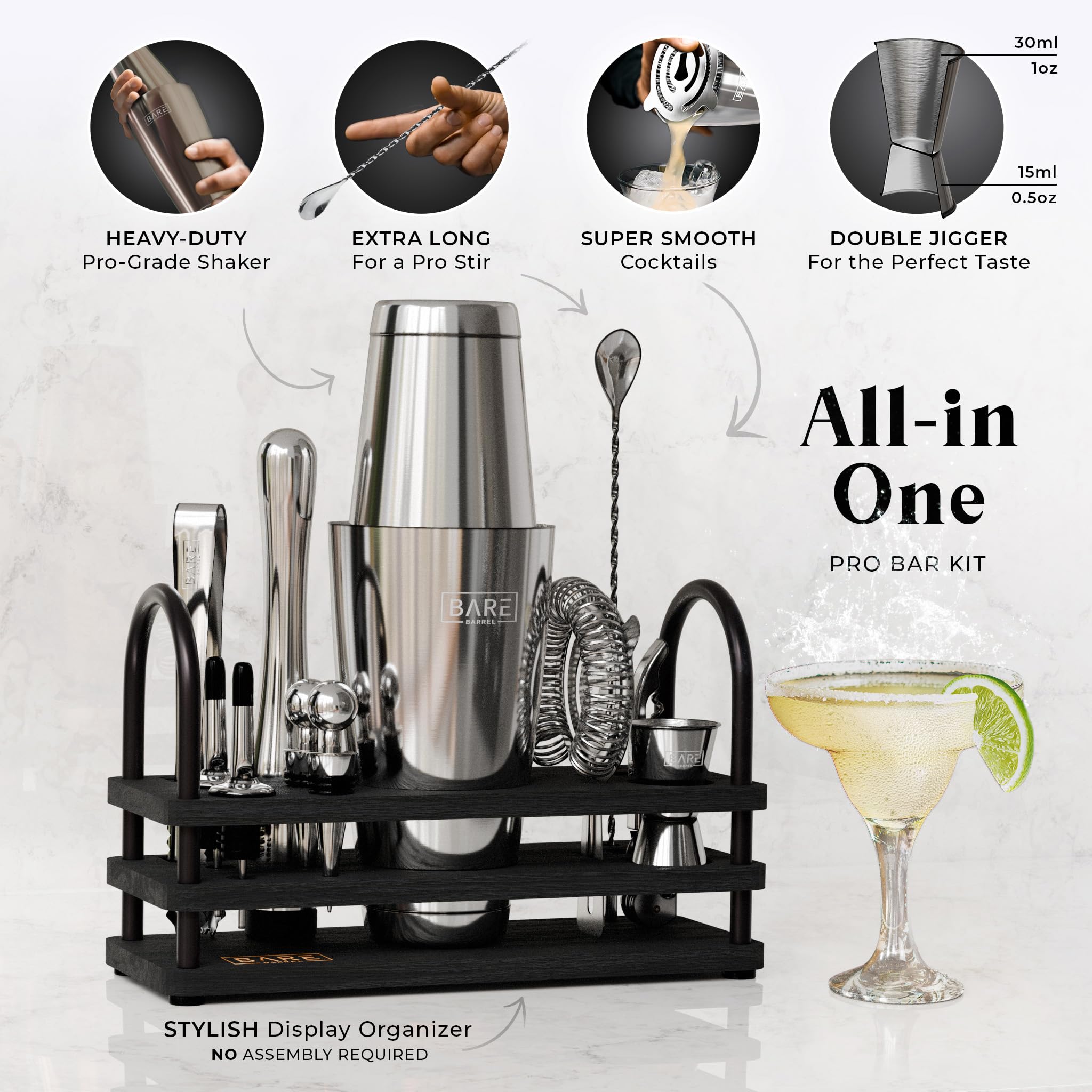 Bare Barrel 14-Piece Cocktail Making Kit with Bamboo Stand & Recipes