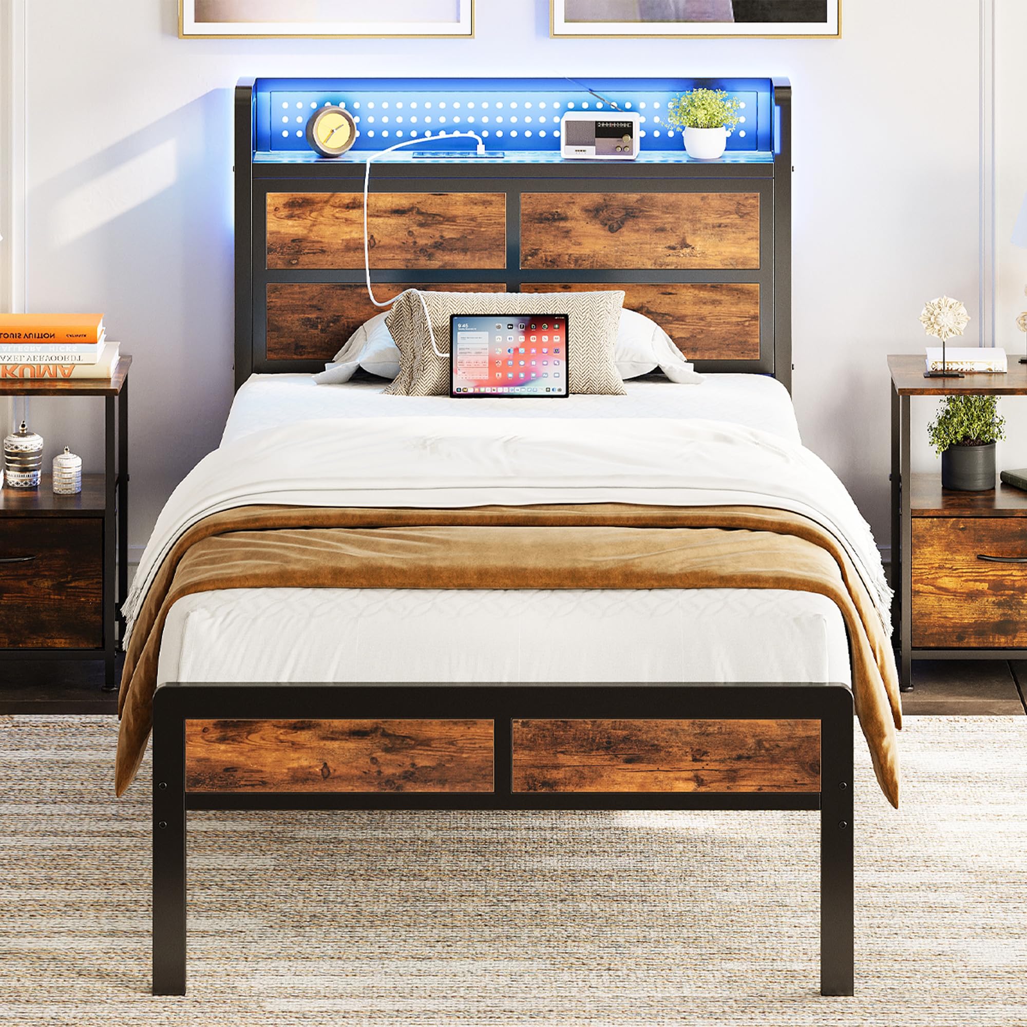 IRONCK Single Metal Bed Frame with LED Storage Headboard & USB