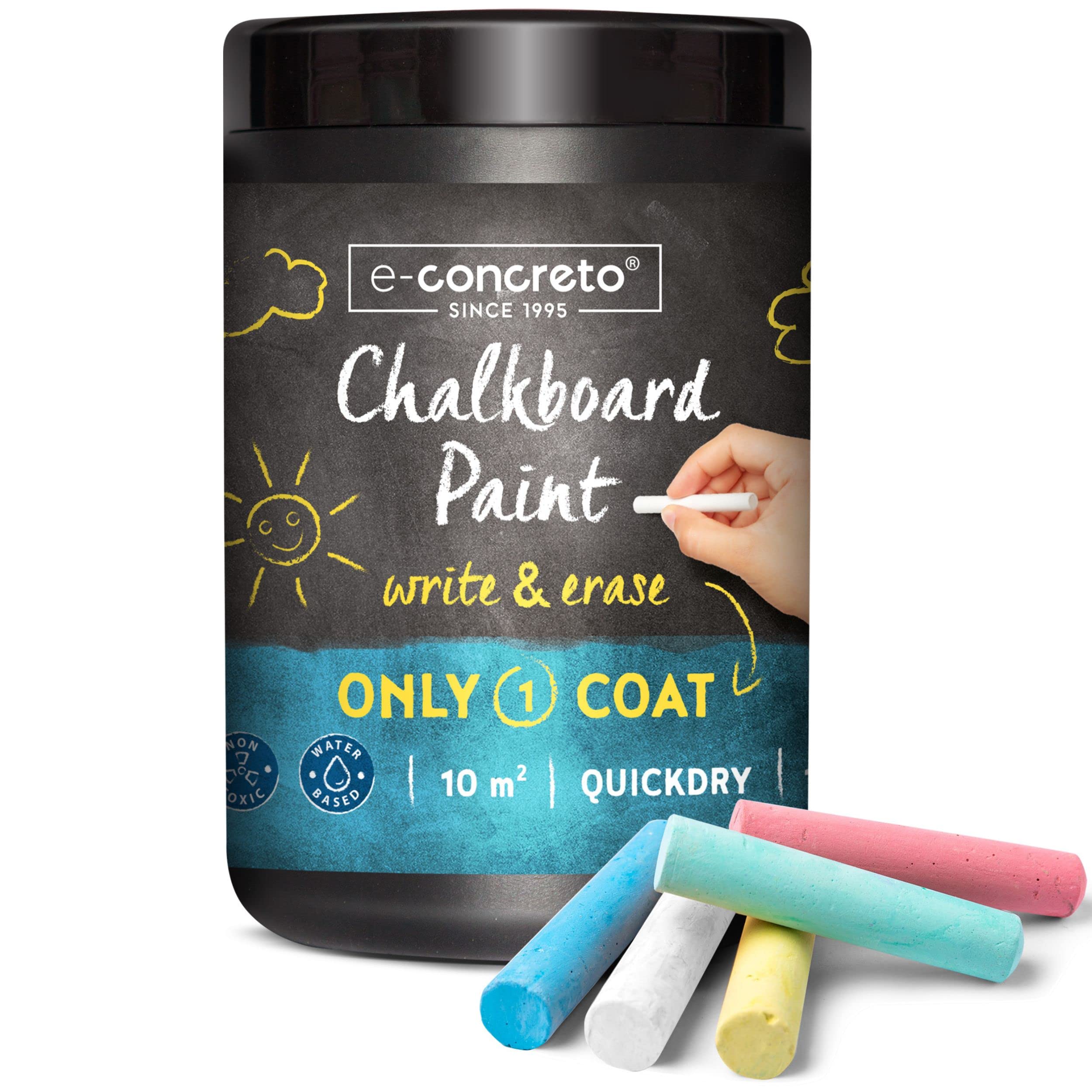 e-concreto One Coat Blackboard Paint - Non-Toxic Black Paint + Chalk (1L)