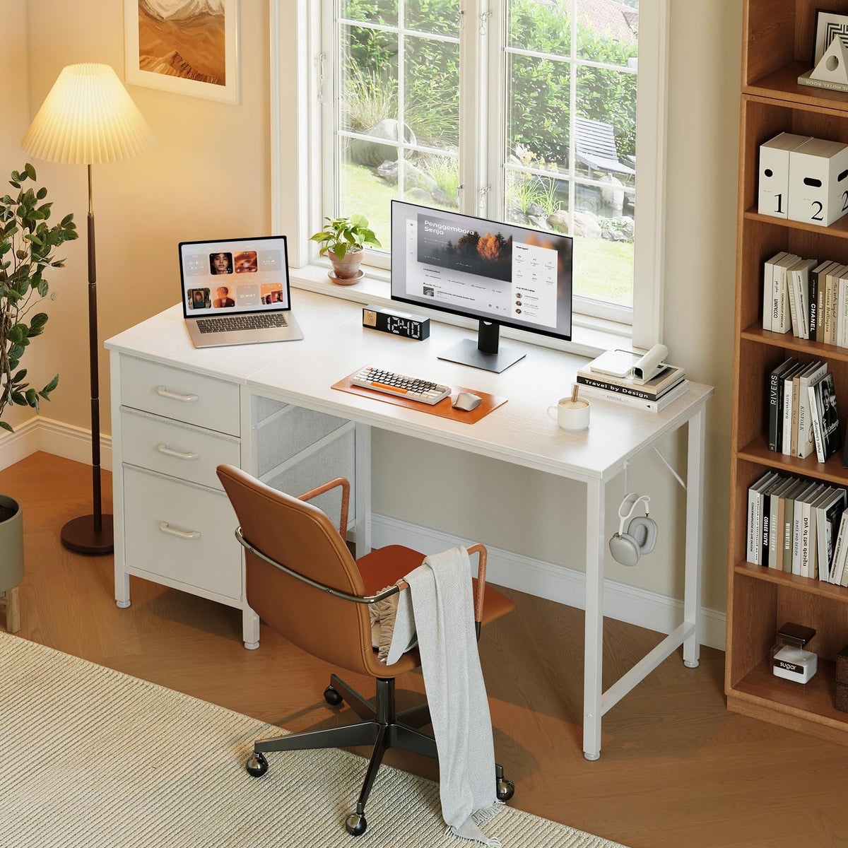 Coleshome Computer Desk with Drawers, 120cm Office Desk with Storage, White - image 2