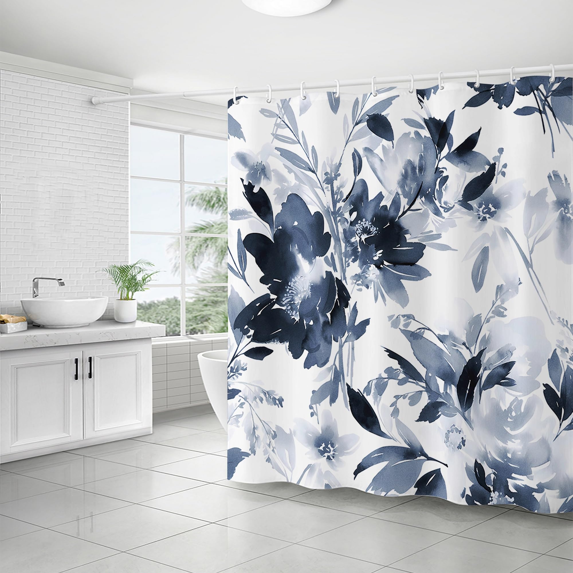 WELTRXE Navy Floral Shower Curtain | 183x183cm Waterproof Polyester