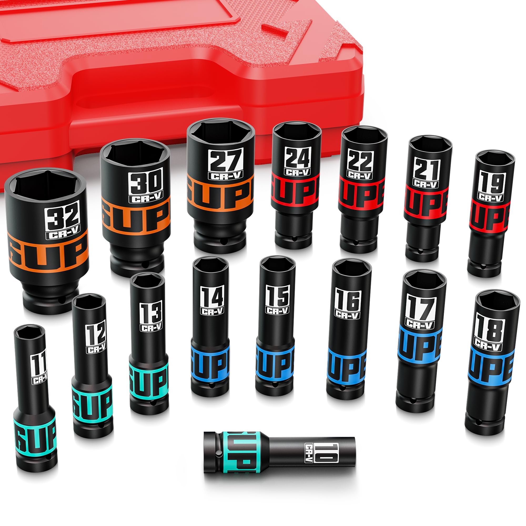 Aurlloct 1/2" Drive Deep Impact Socket Set, 16-Piece Hex (10-32mm)