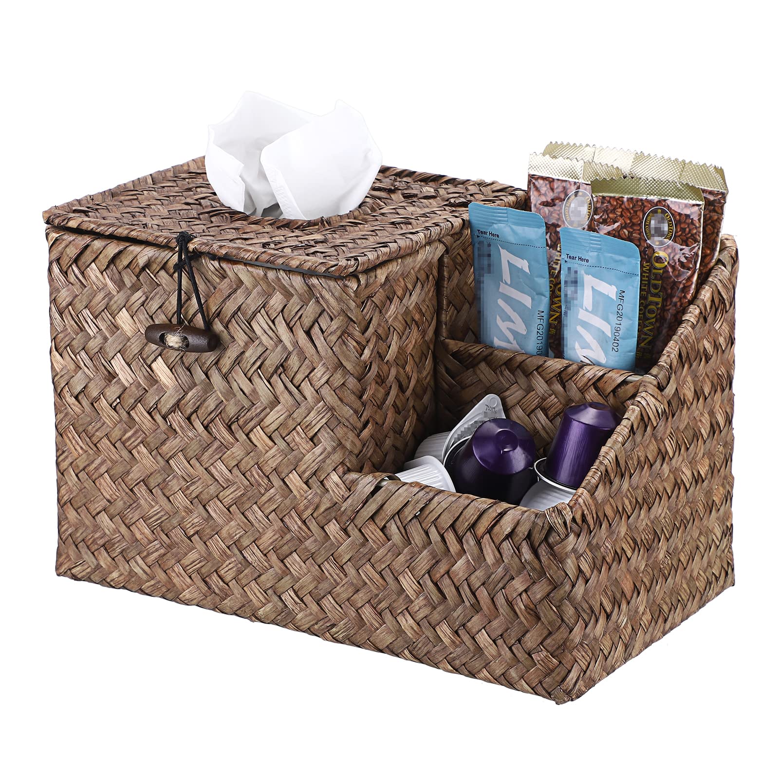 BTSKY Seagrass Tissue Box Holder with Side Pockets – Coffee Woven Organizer