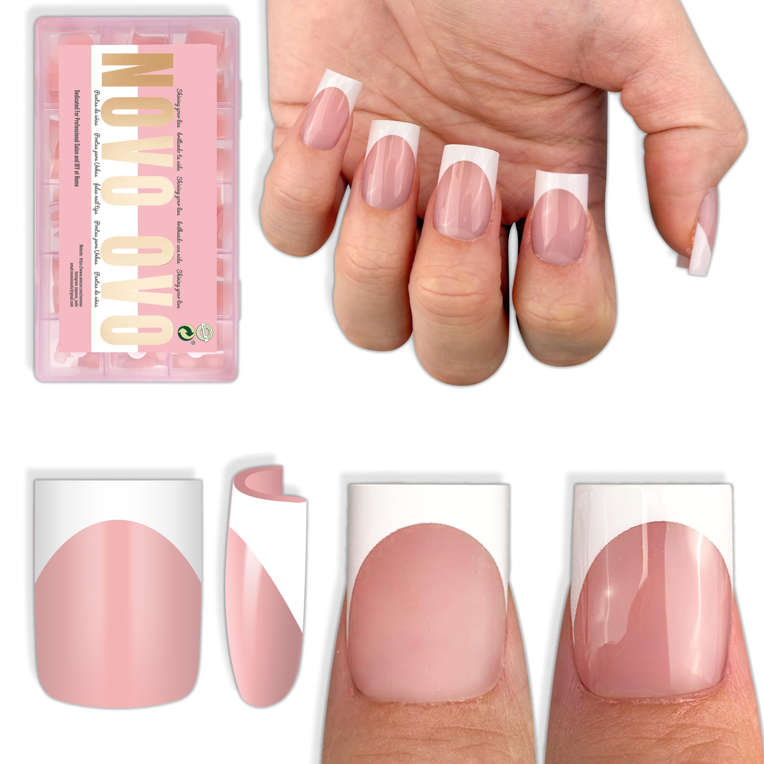 NOVO OVO Short Sharp Square French Tip Press On Nails - Baby Pink 240pc