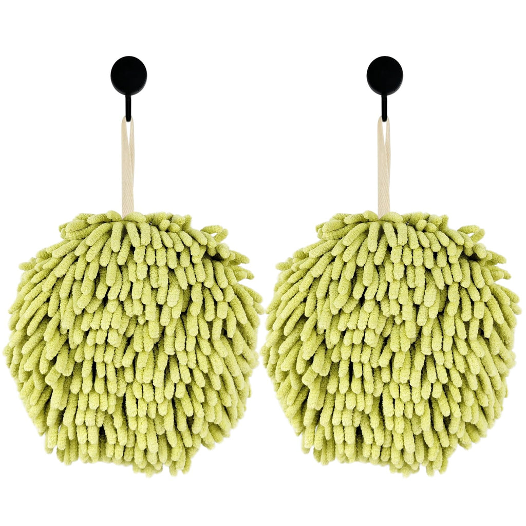 Fuzzy Ball Hand Towels, Set of 2, Chenille Quick Dry, 6.9inchgreen