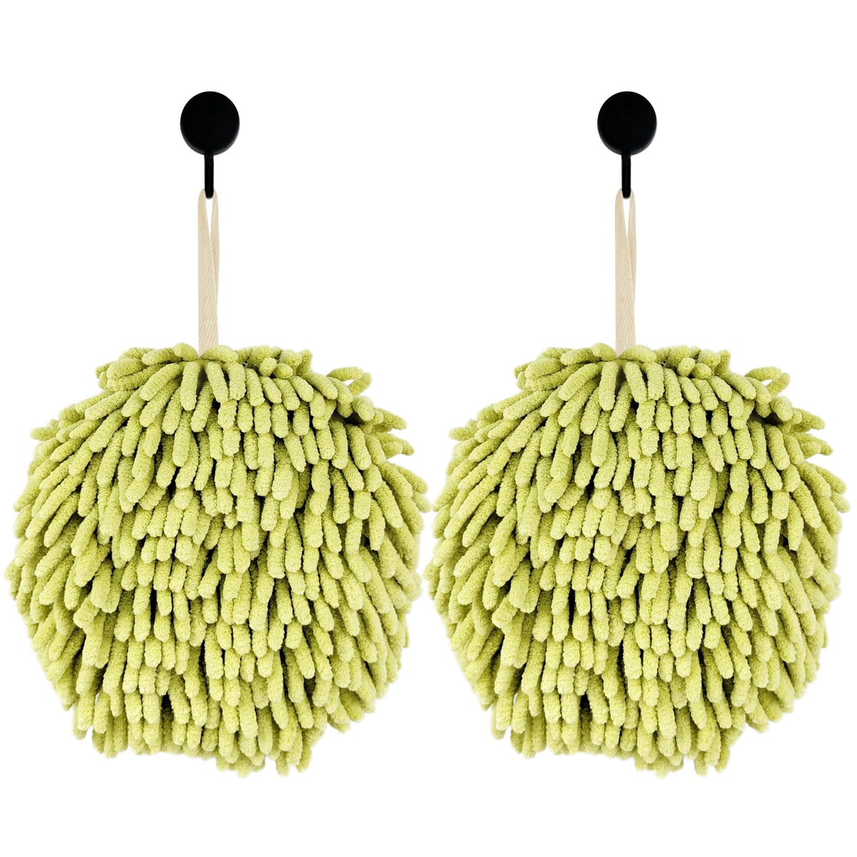 Fuzzy Ball Hand Towels, Set of 2, Chenille Quick Dry, 6.9inchgreen
