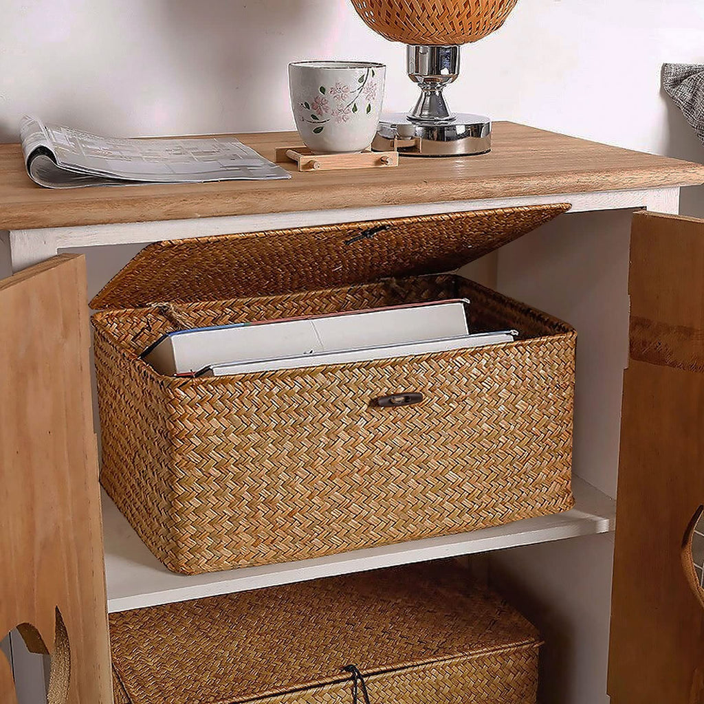 Jolof Store Woven Seagrass Storage Baskets with Lids – 2-Piece Set (L+XXL)