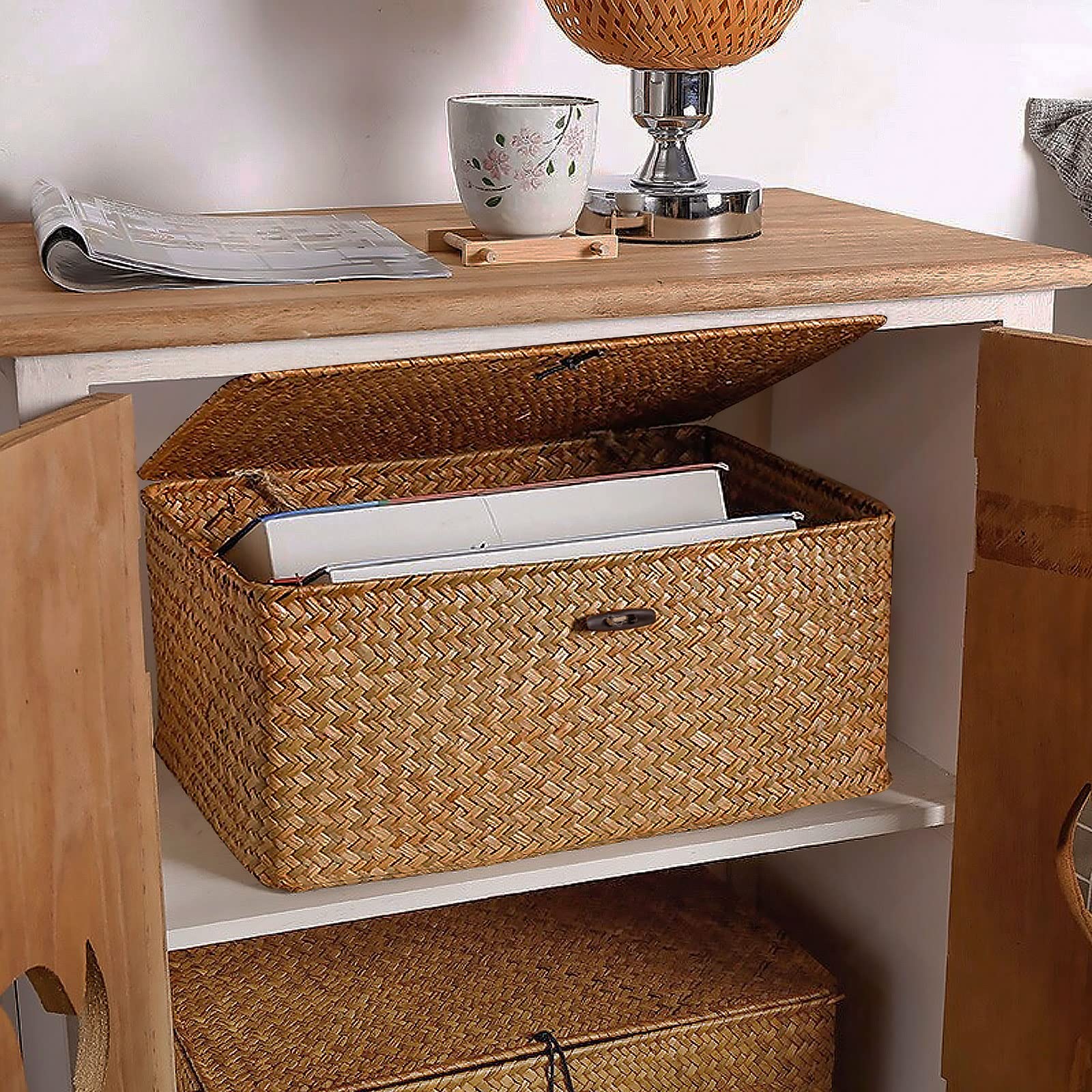 Jolof Store Woven Seagrass Storage Baskets with Lids – 2-Piece Set (L+XXL)