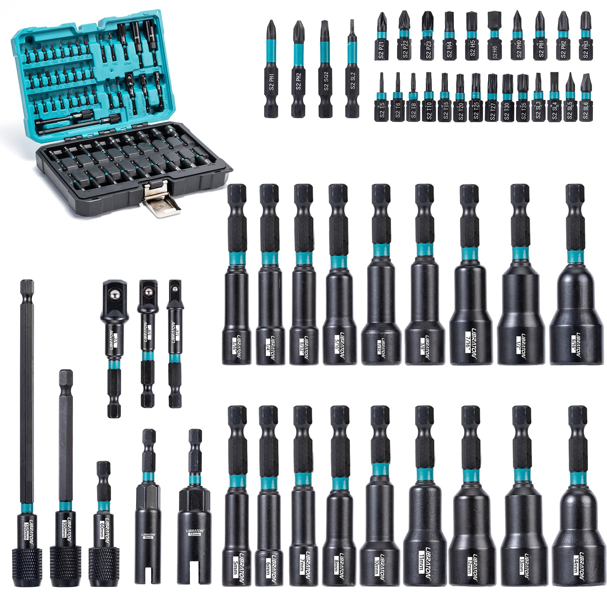 Libraton 54PCS Magnetic Nut Driver Set | Metric & SAE Impact Drill Bits