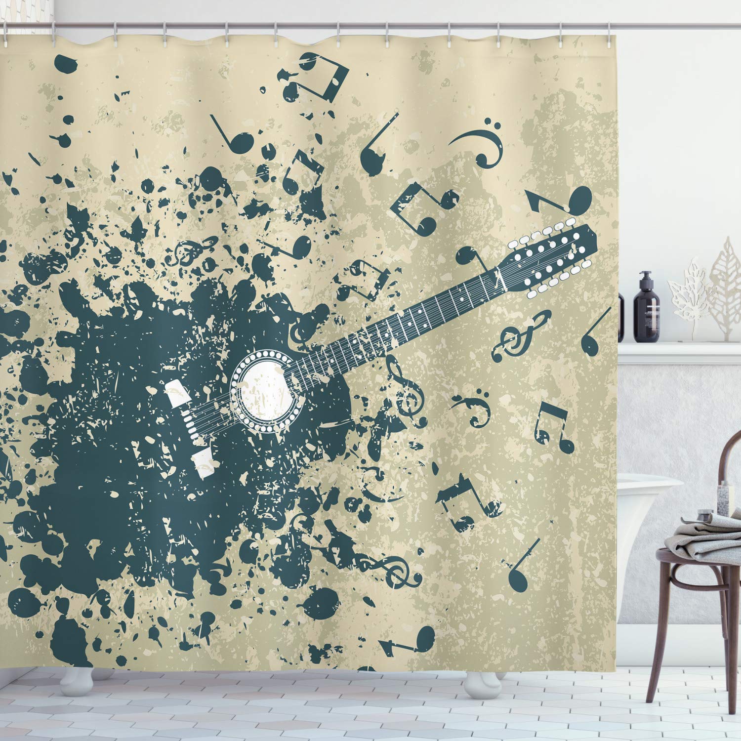 ABAKUHAUS Acoustic Guitar Fabric Shower Curtain - Music Notes Decor