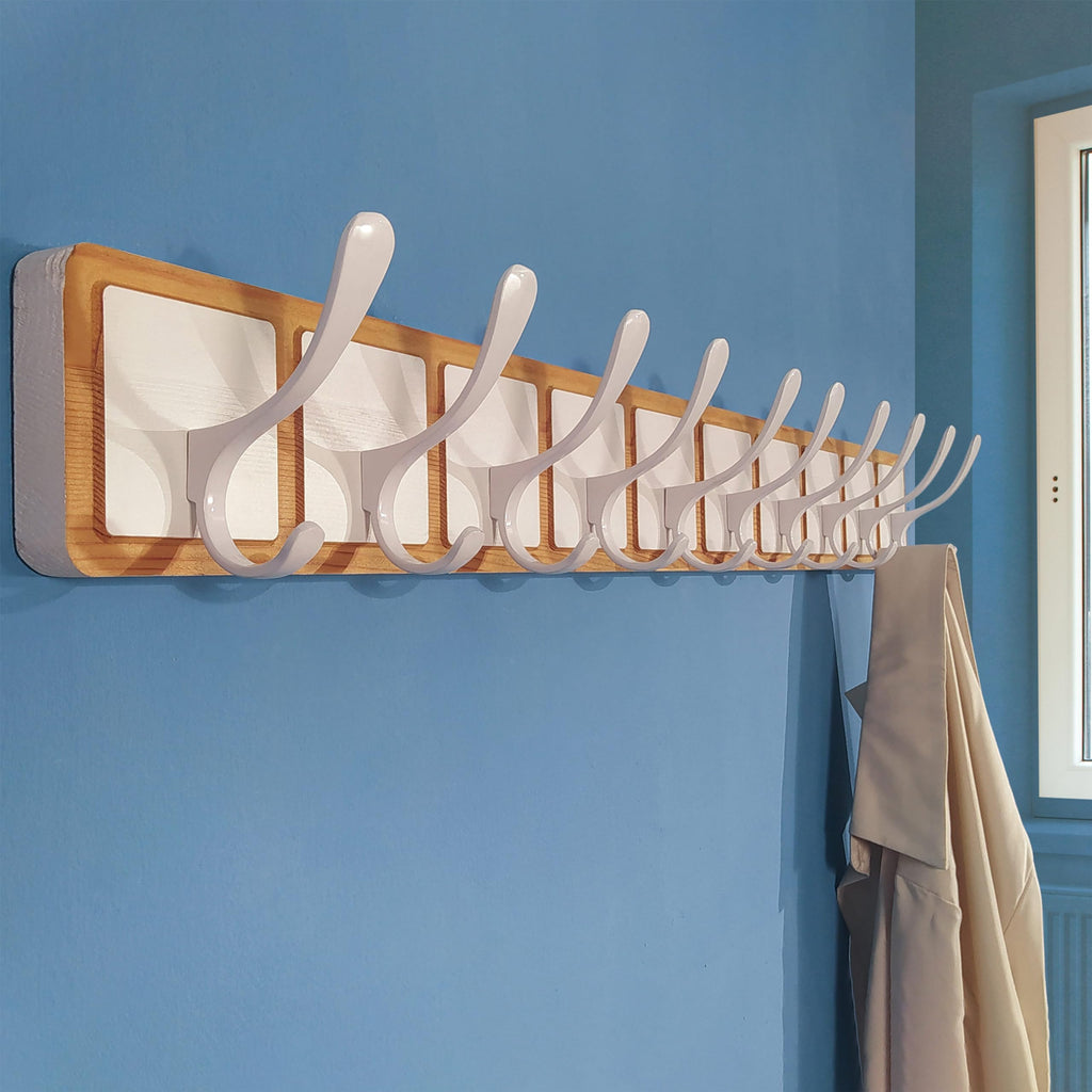 SKOLOO Scandi-Style Wooden Wall Mount Coat Rack | 10 Hooks, White & Natural