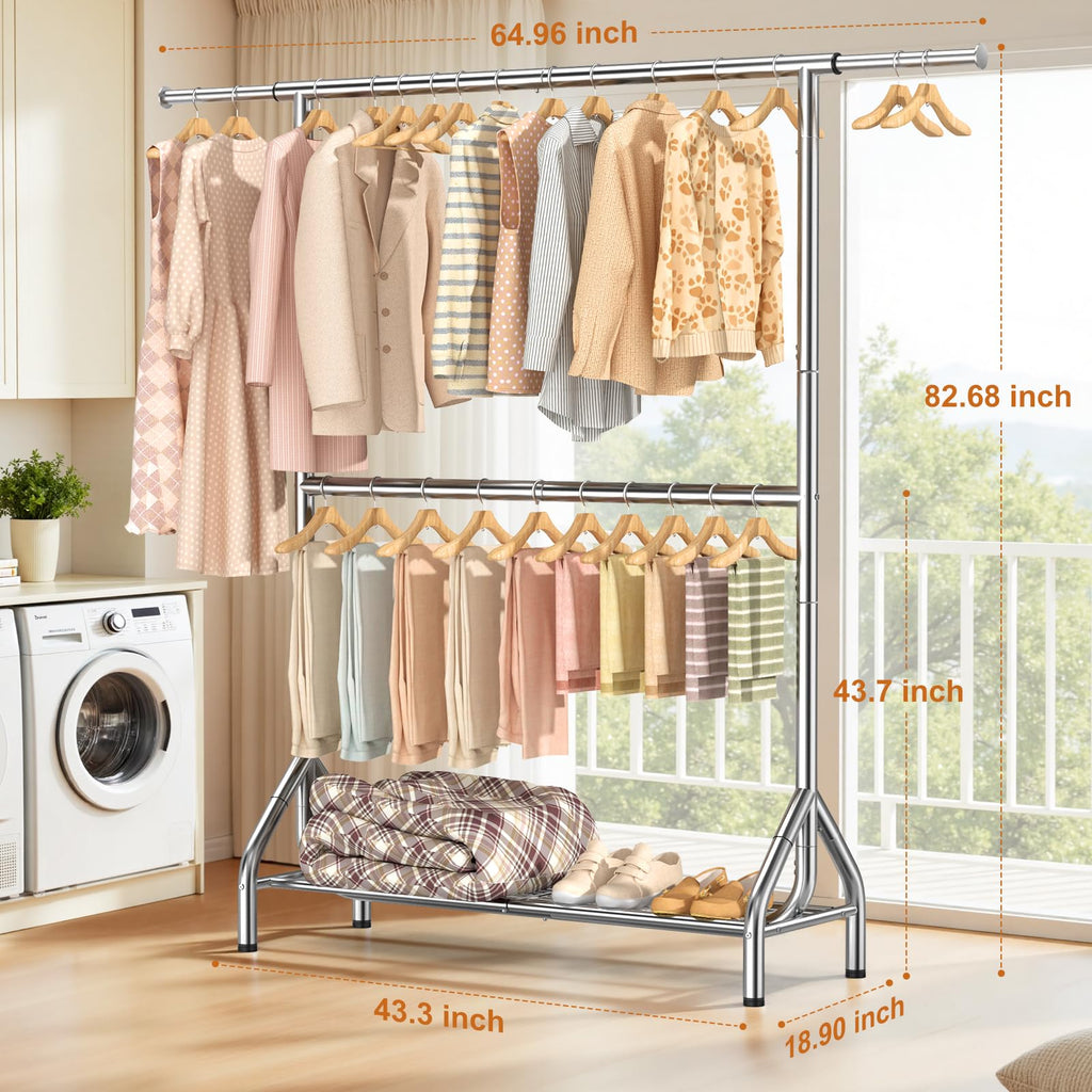 EAGMAK Double Clothes Rail Heavy Duty Load 280 KG, with Shelves, Silver - image 3