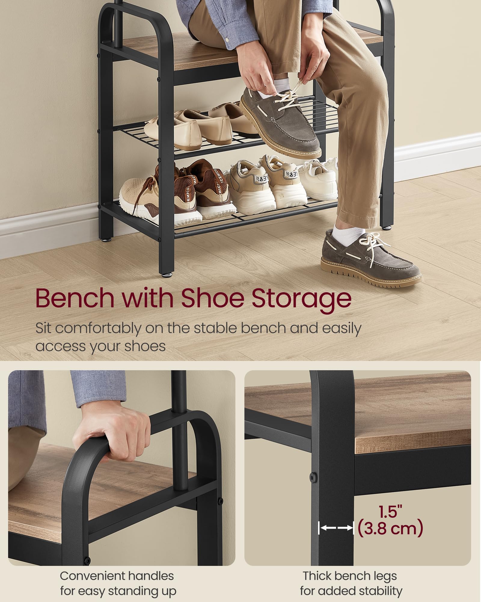 VASAGLE 4-in-1 Coat Rack with Shoe Storage Bench and 9 Hooks – Industrial